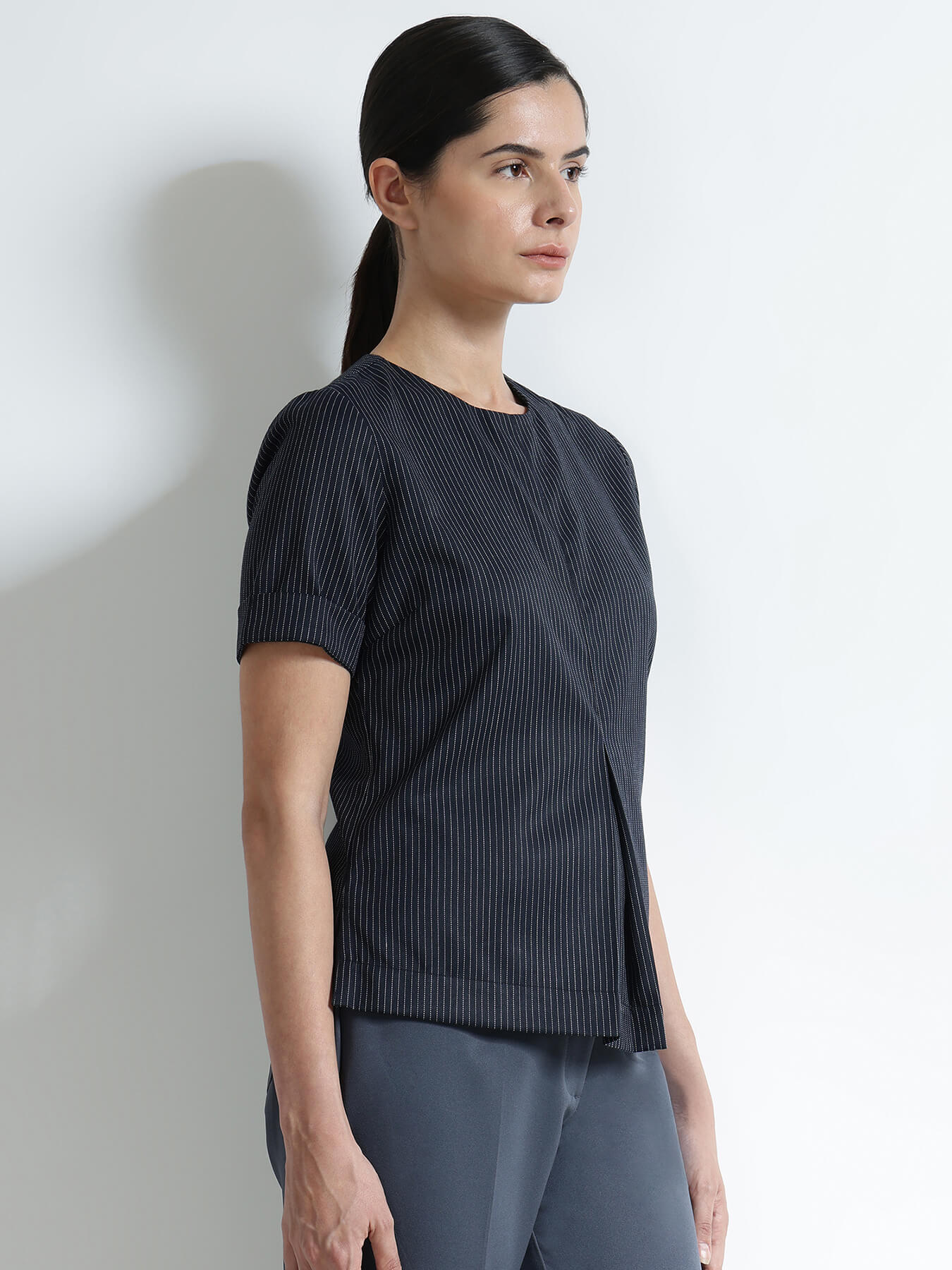 Striped Round Neck Top - Navy Blue