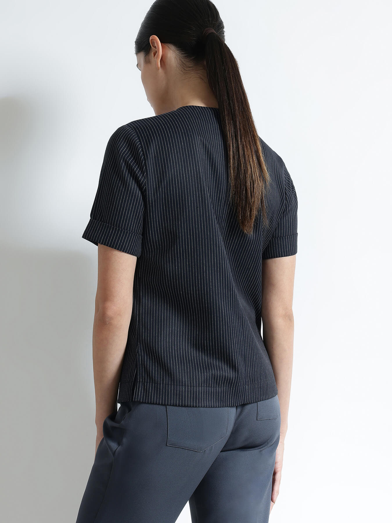 Striped Round Neck Top - Navy Blue