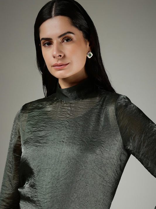 Silk High Neck Top - Green