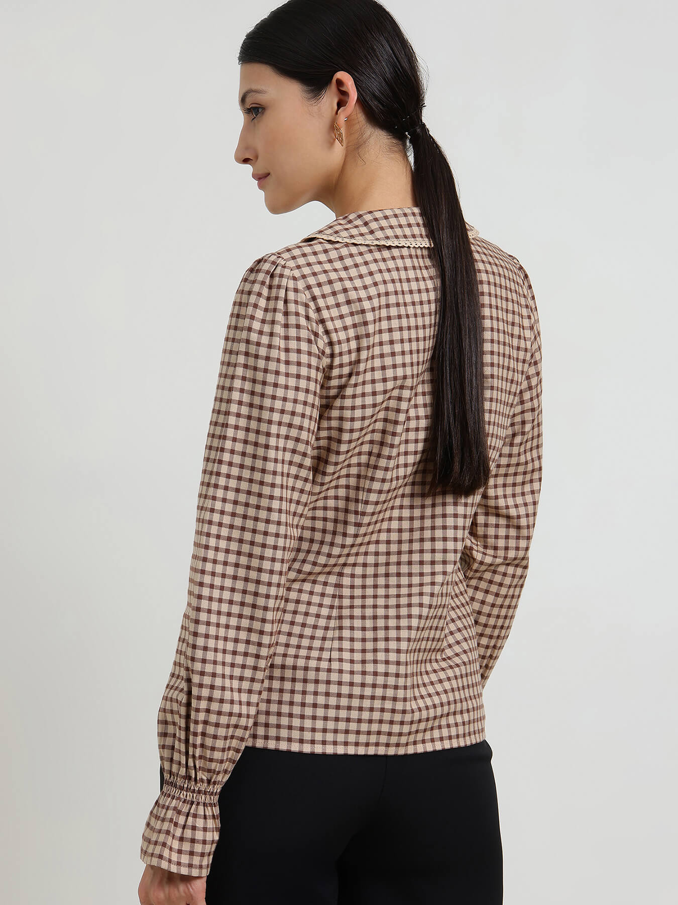 Cotton Gingham Peter Pan Collar Top - Beige
