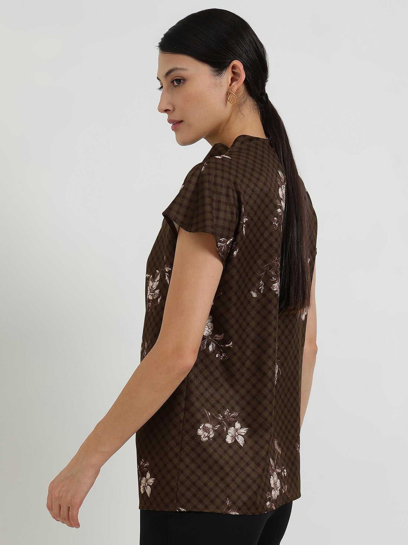 Gingham Floral Cowl Neck Top - Black