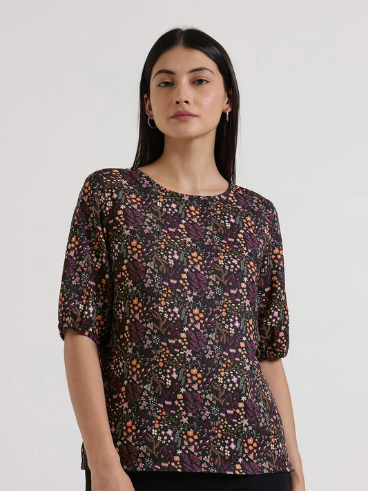 Floral Round Neck Top - Black