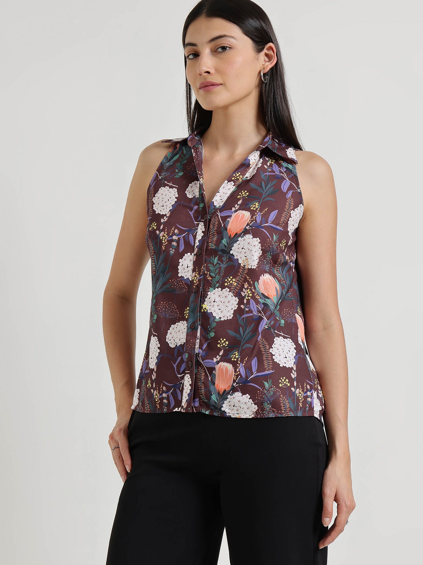 Floral V-Neck Shirt - Brown