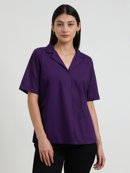 Cotton Notched Collar Top - Purple