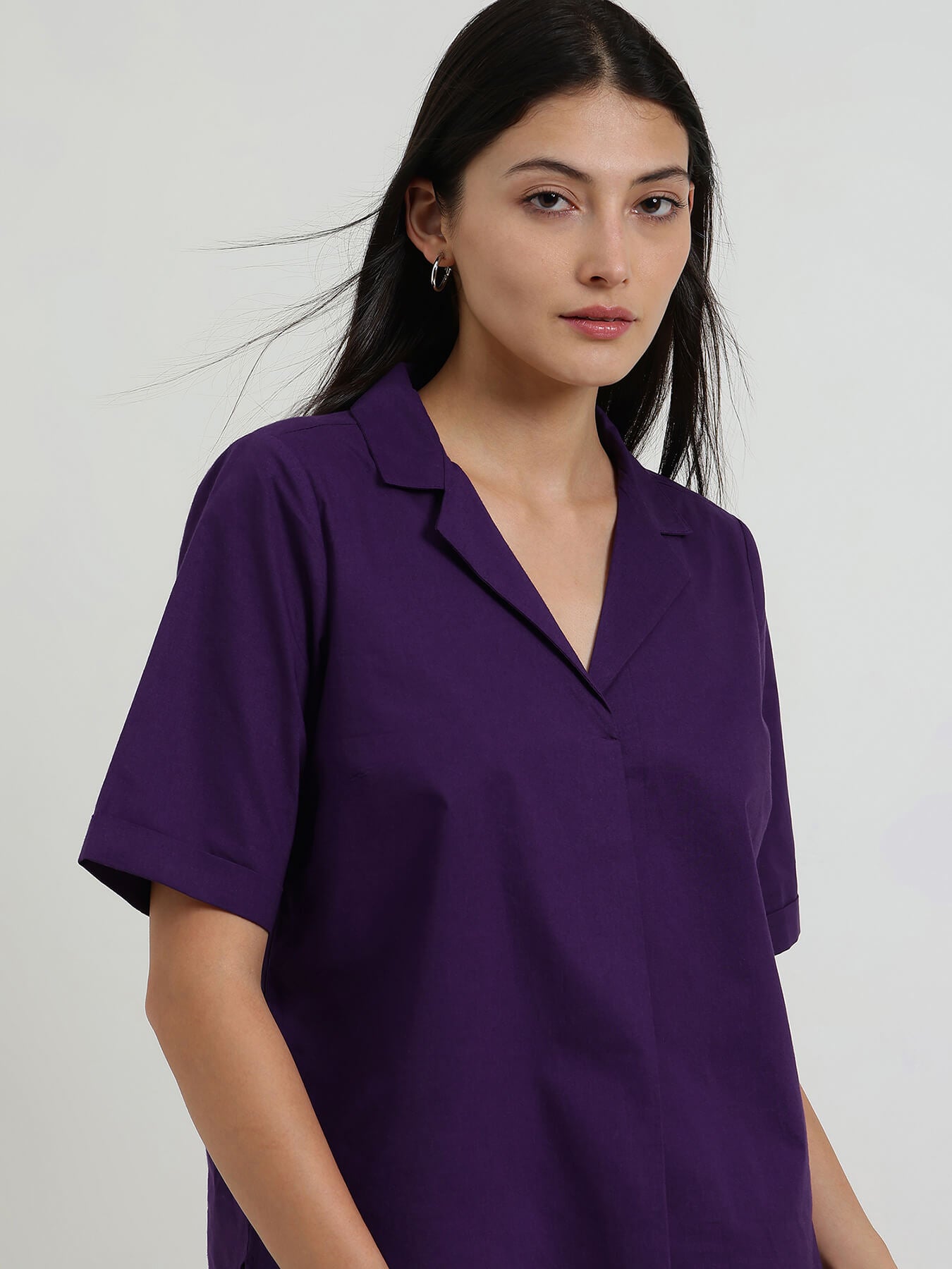 Cotton Notched Collar Top - Purple