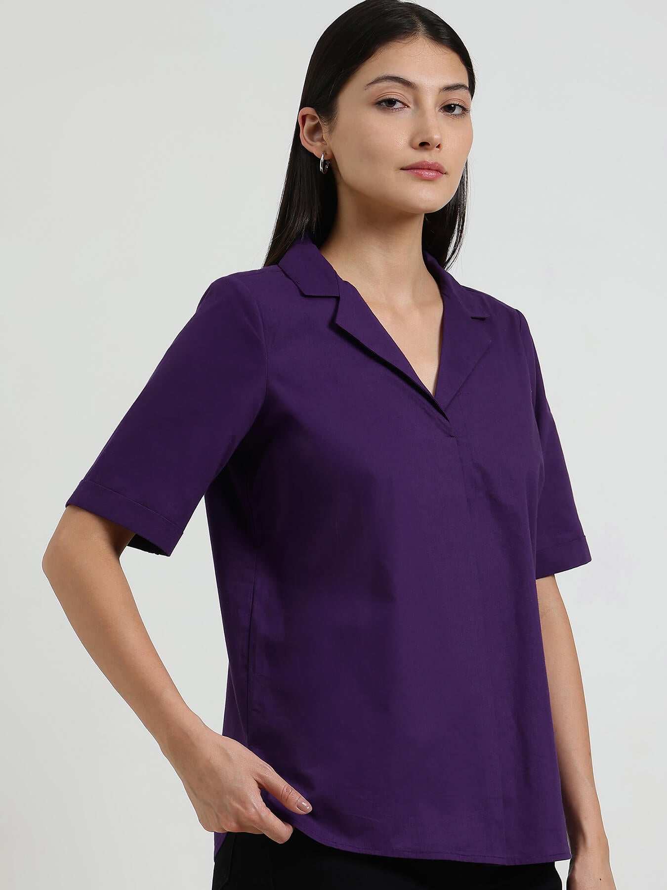 Cotton Notched Collar Top - Purple
