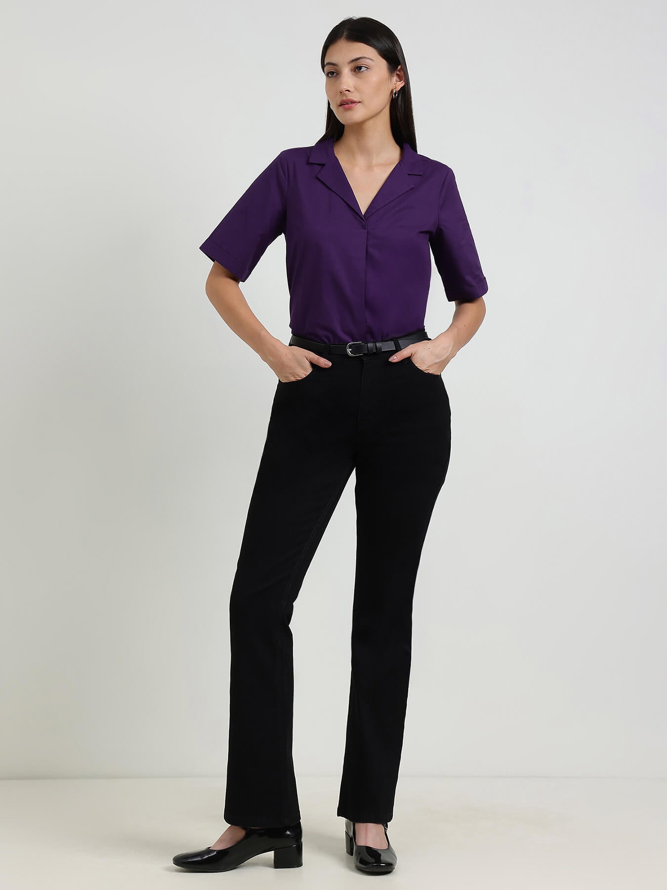 Cotton Notched Collar Top - Purple
