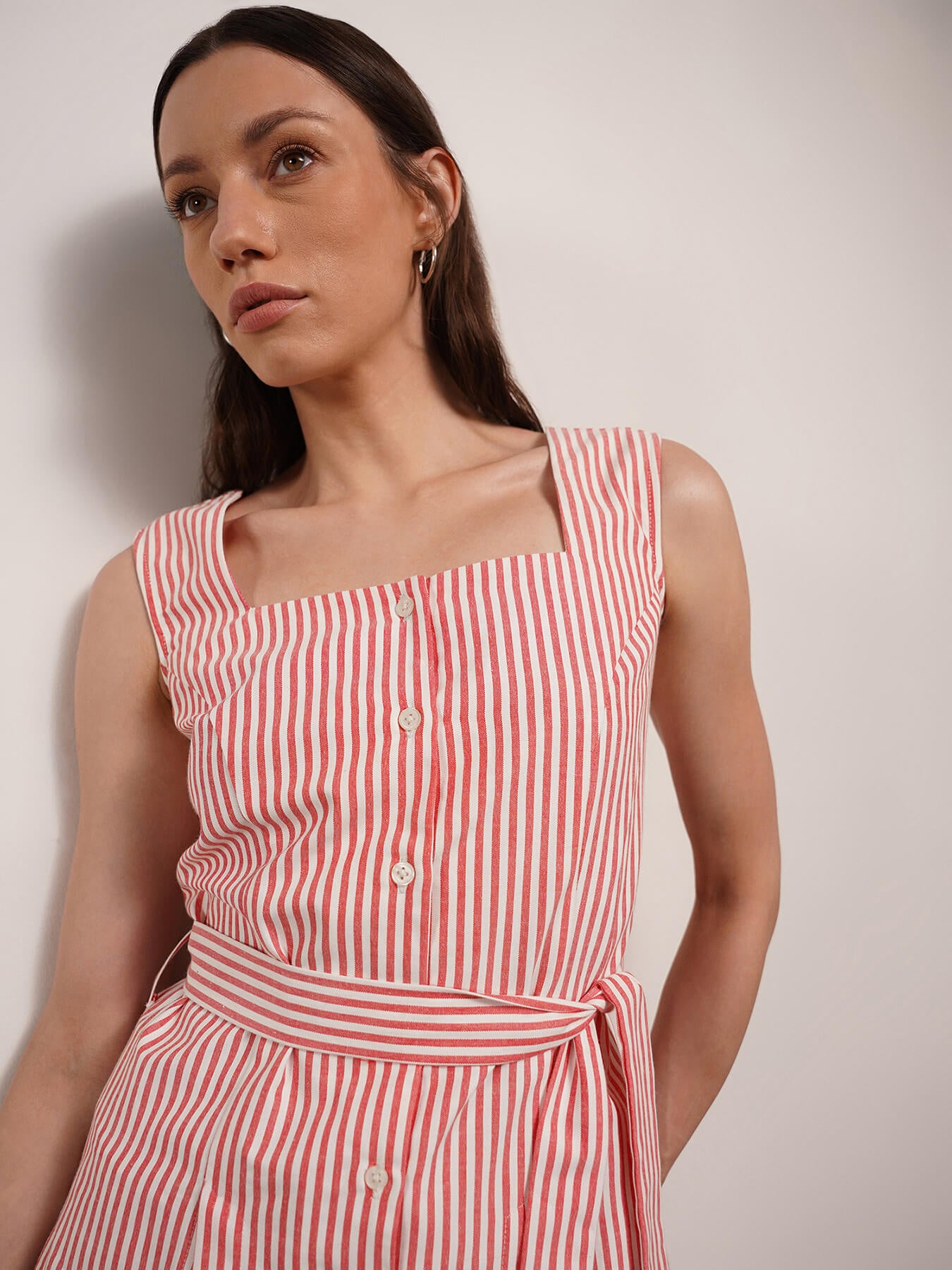 Cotton Striped Square Neck Top - Red