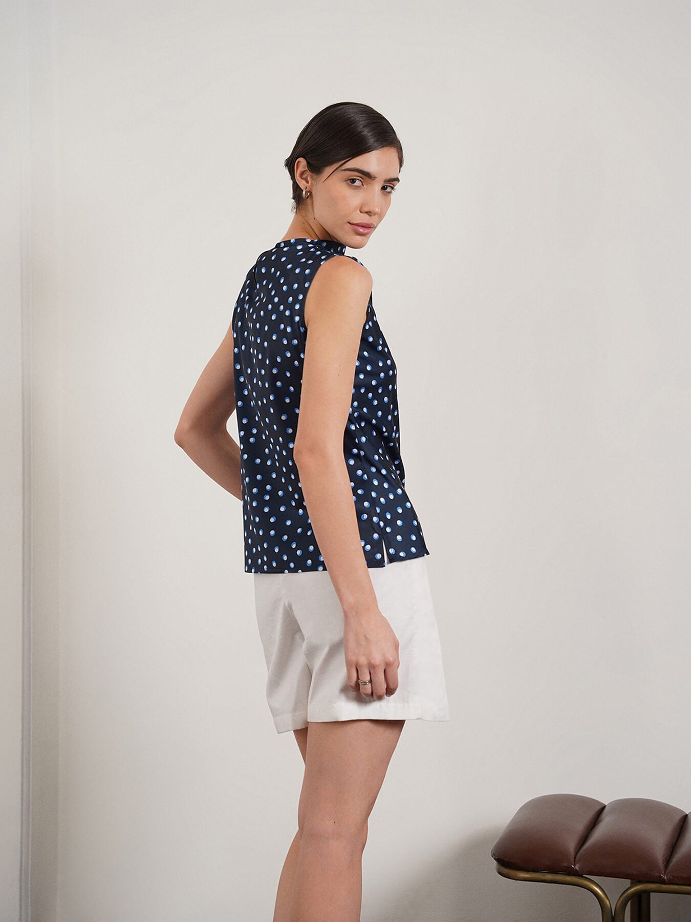 Satin Polka Dot Top - Navy Blue