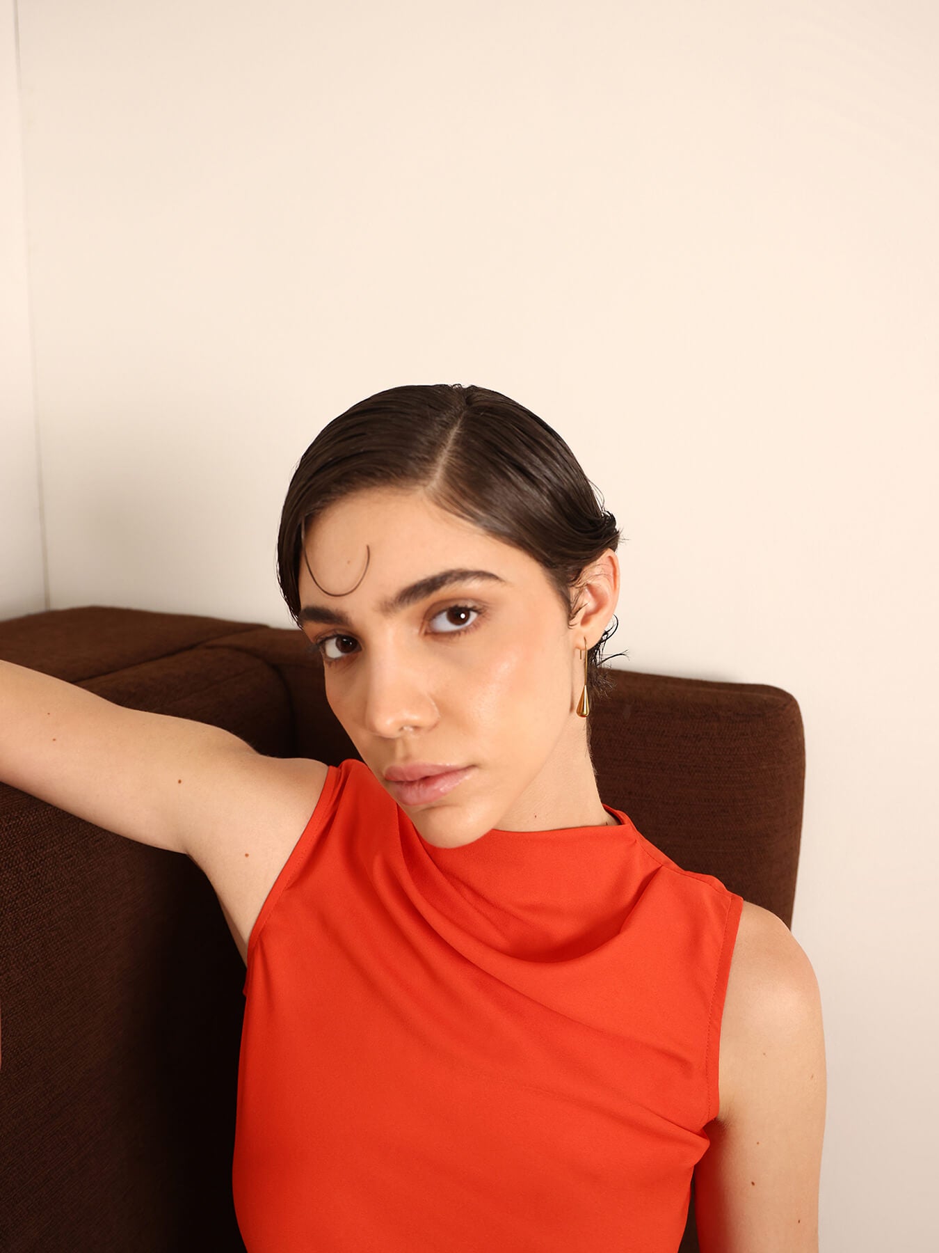 High Cowl Neck Top - Orange