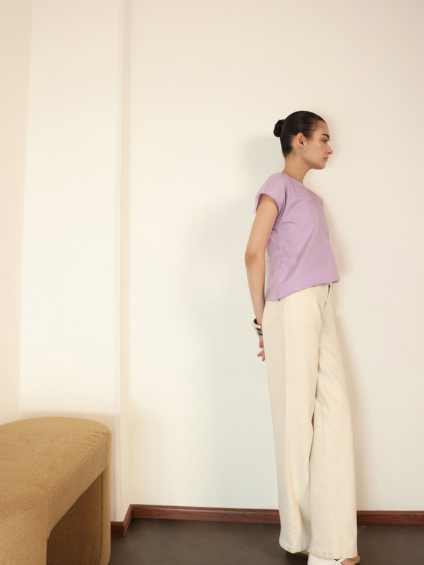 Pure Cotton Mandarin Collar Top - Lavender
