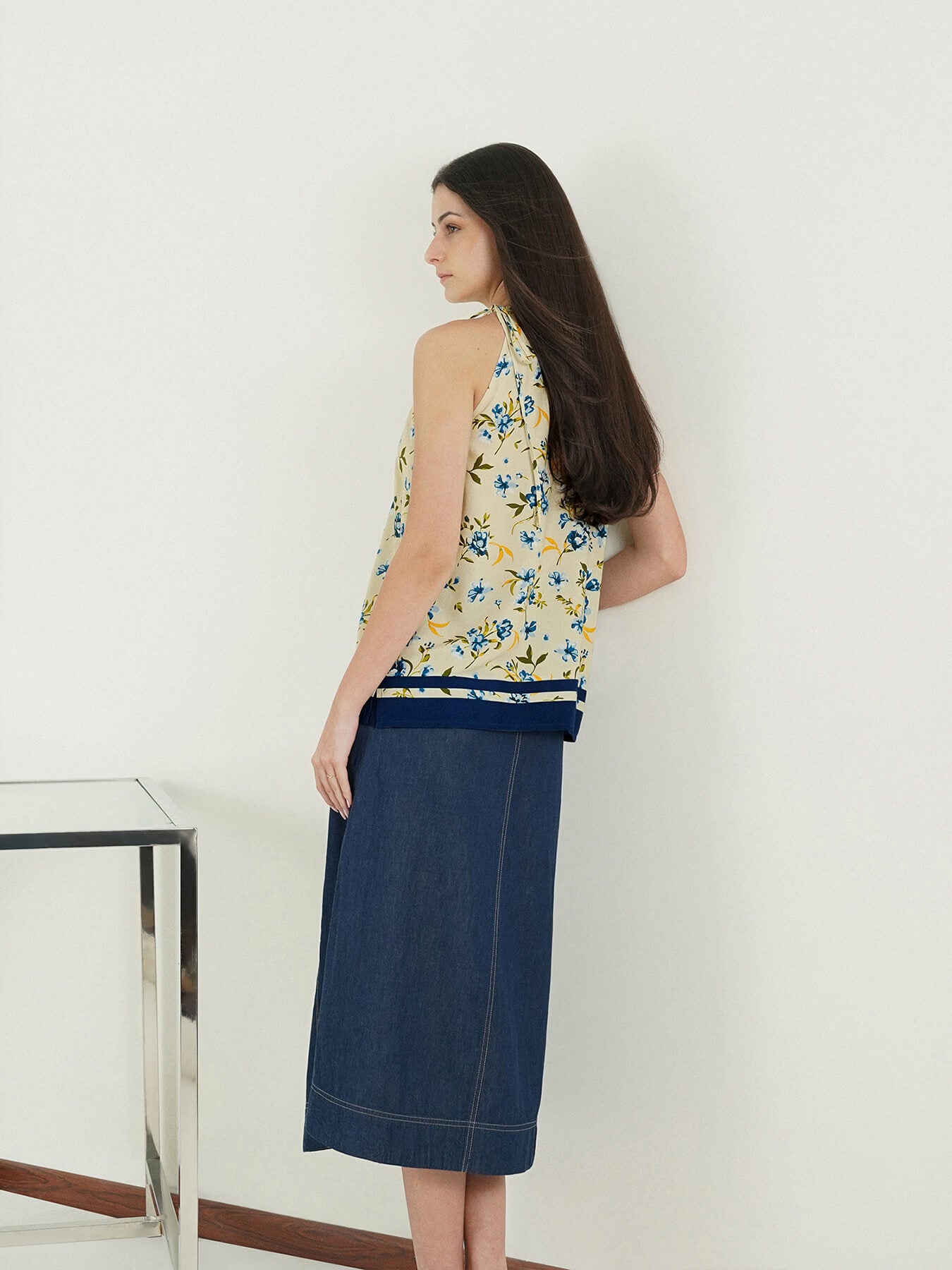 Viscose Floral Halter Neck Top - Off White