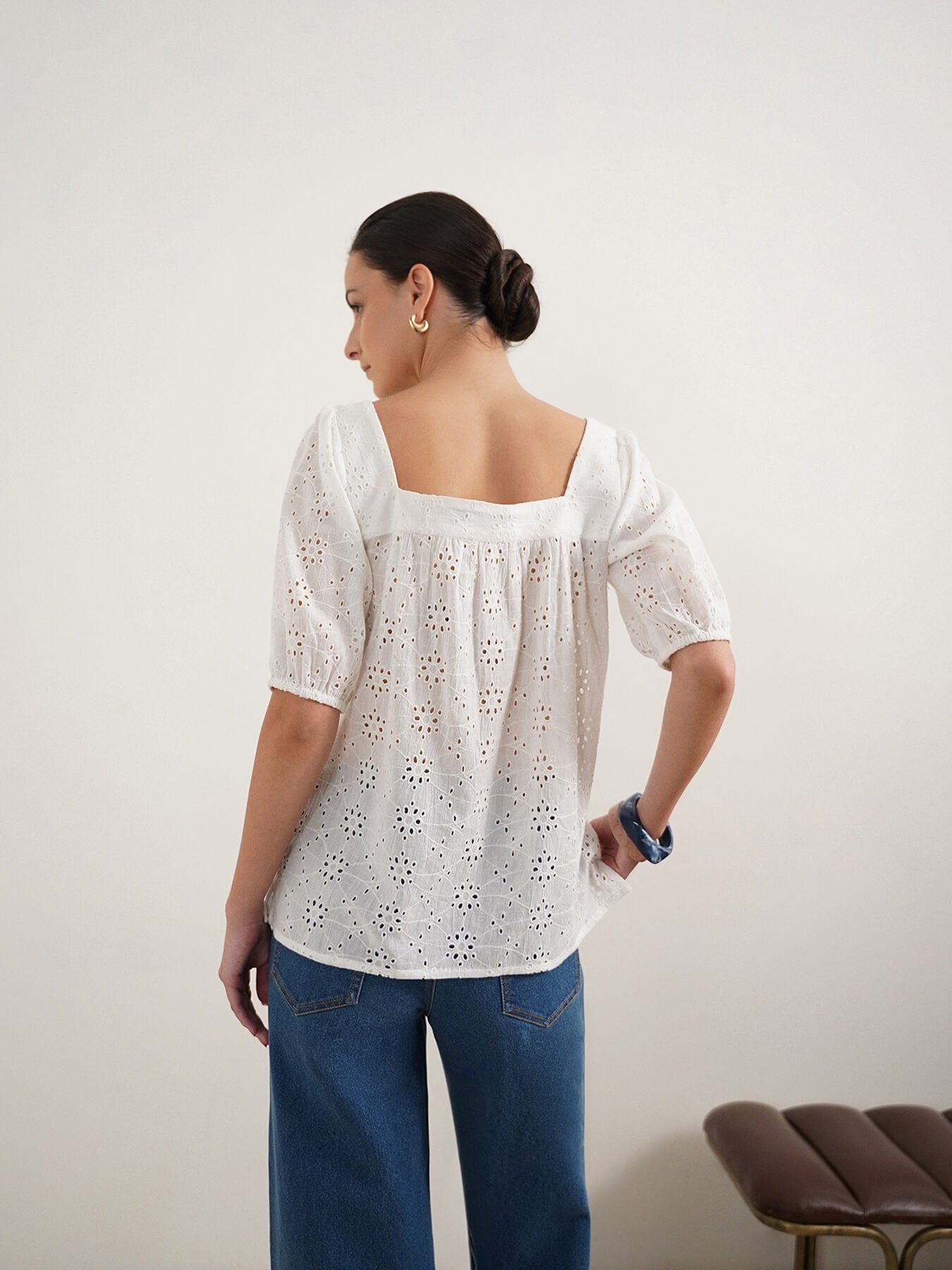 Schiffli Square Neck Top - White