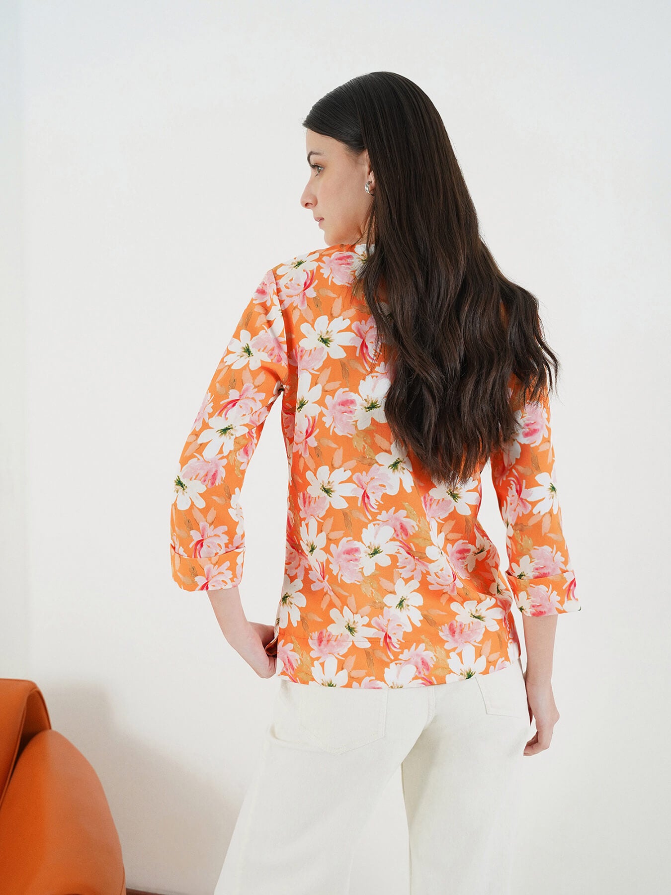 Floral Mandarin collar Top - Peach