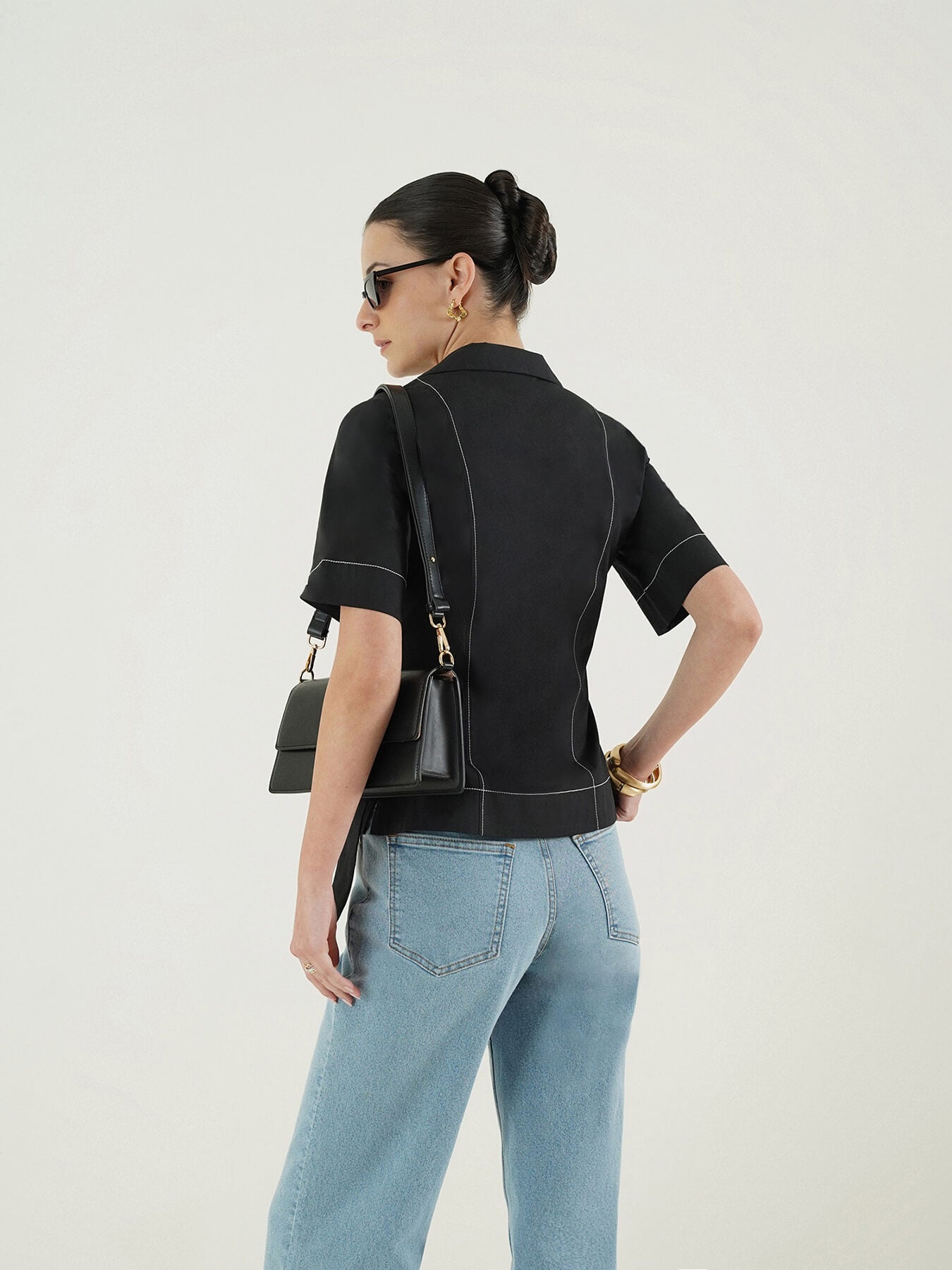 Stretch Cotton Wrap Top - Black