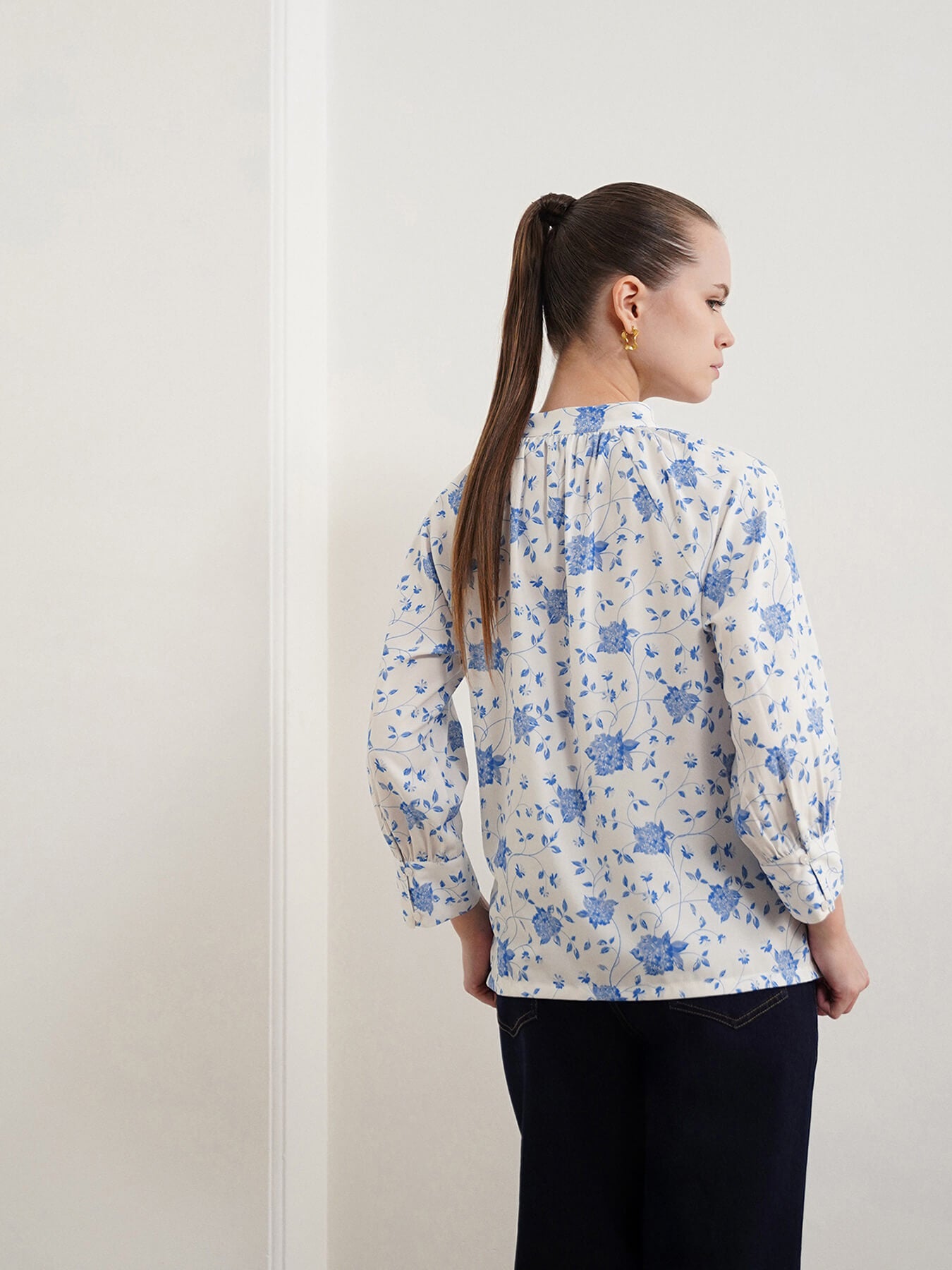 Floral Mandarin Collar Top - White
