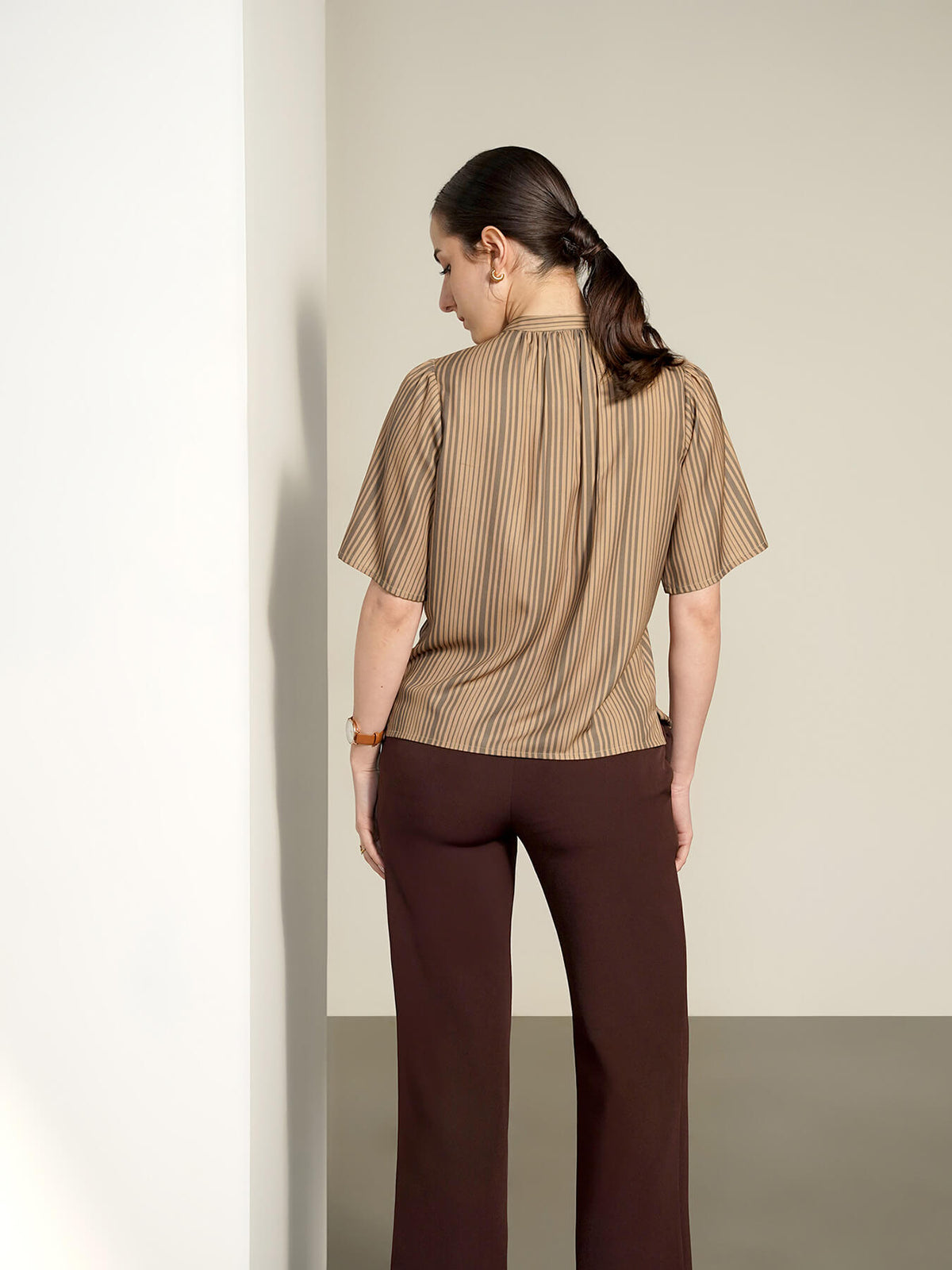 Striped Mandarin Collar Top - Beige