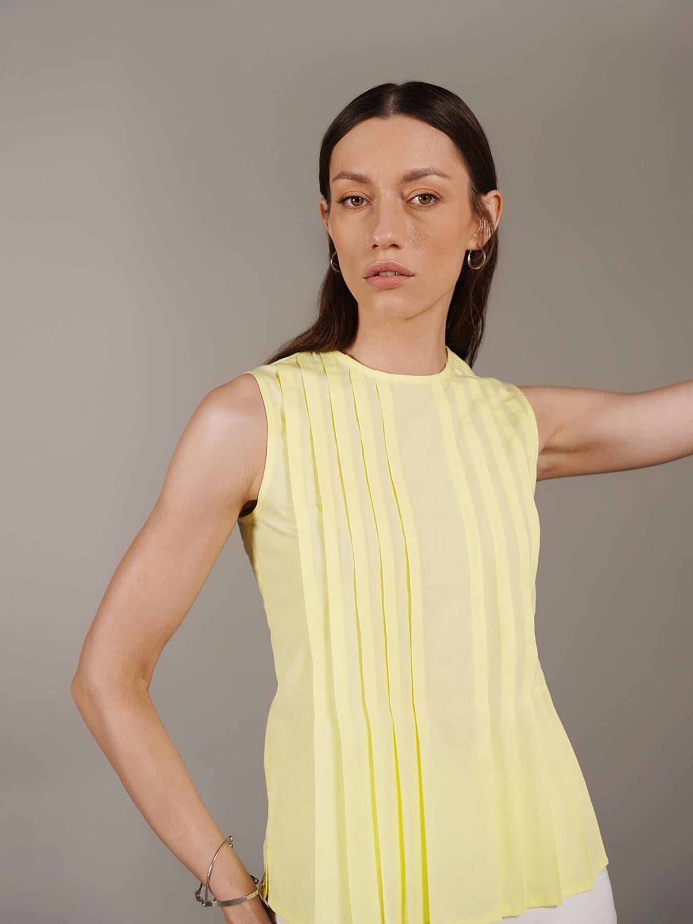 Pleated Round Neck Top - Yellow