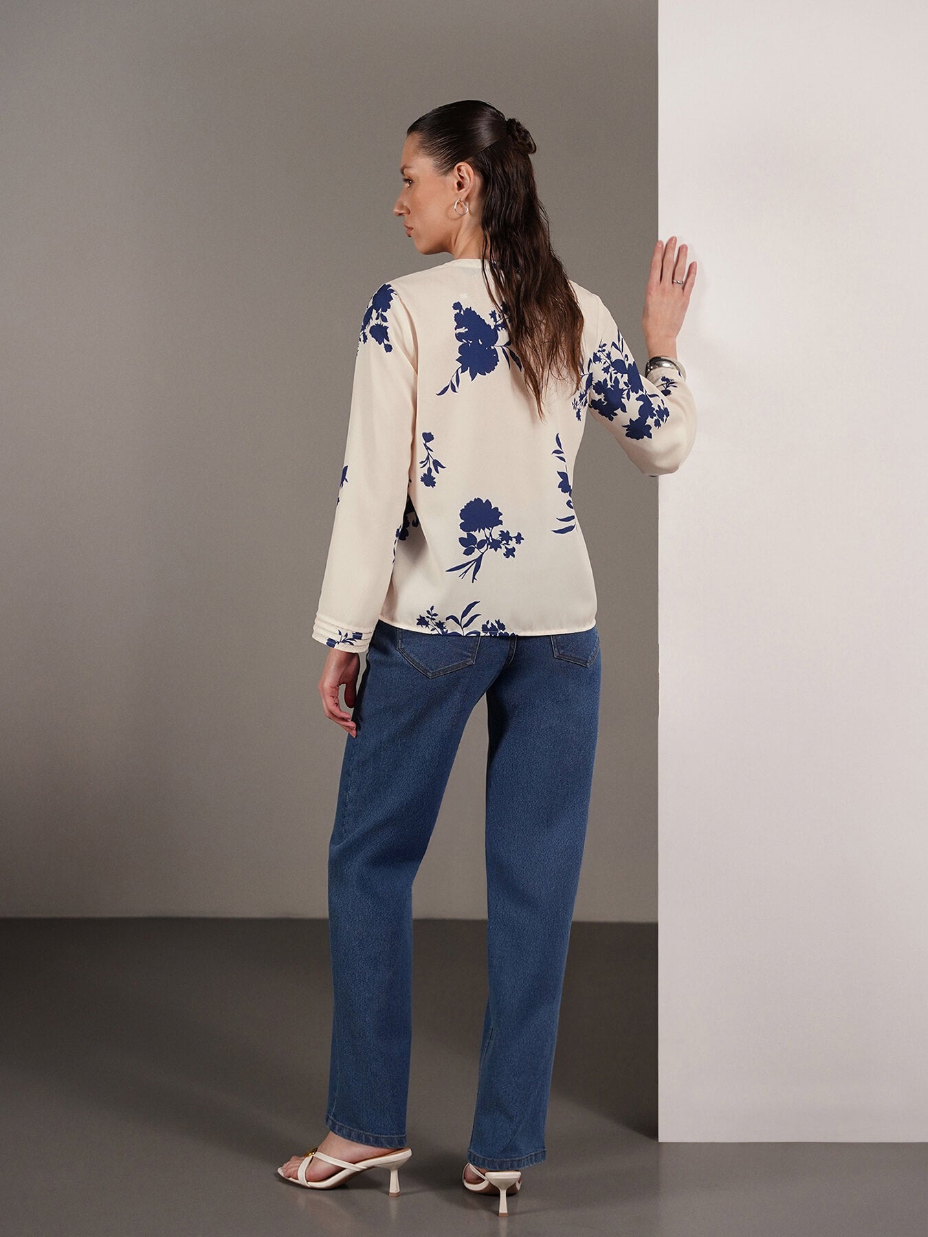 Floral Mandarin Collar Top - Blue