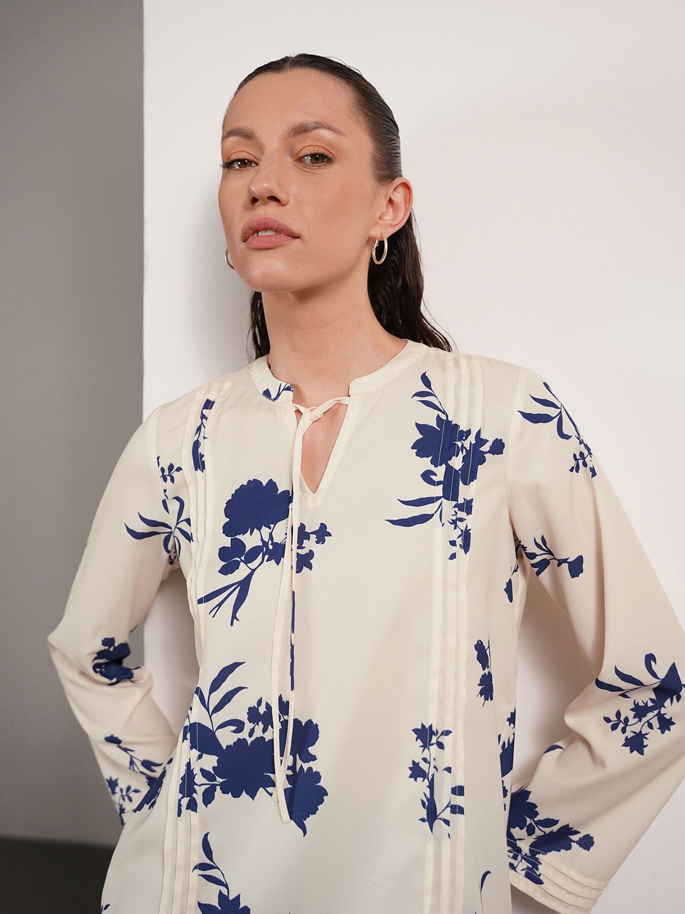 Floral Mandarin Collar Top - Blue