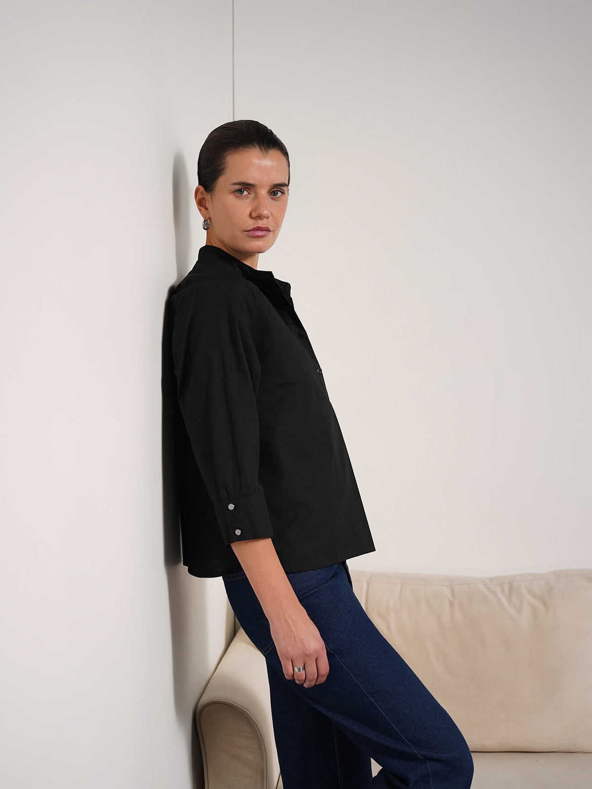 Pure Cotton V-neck Top - Black