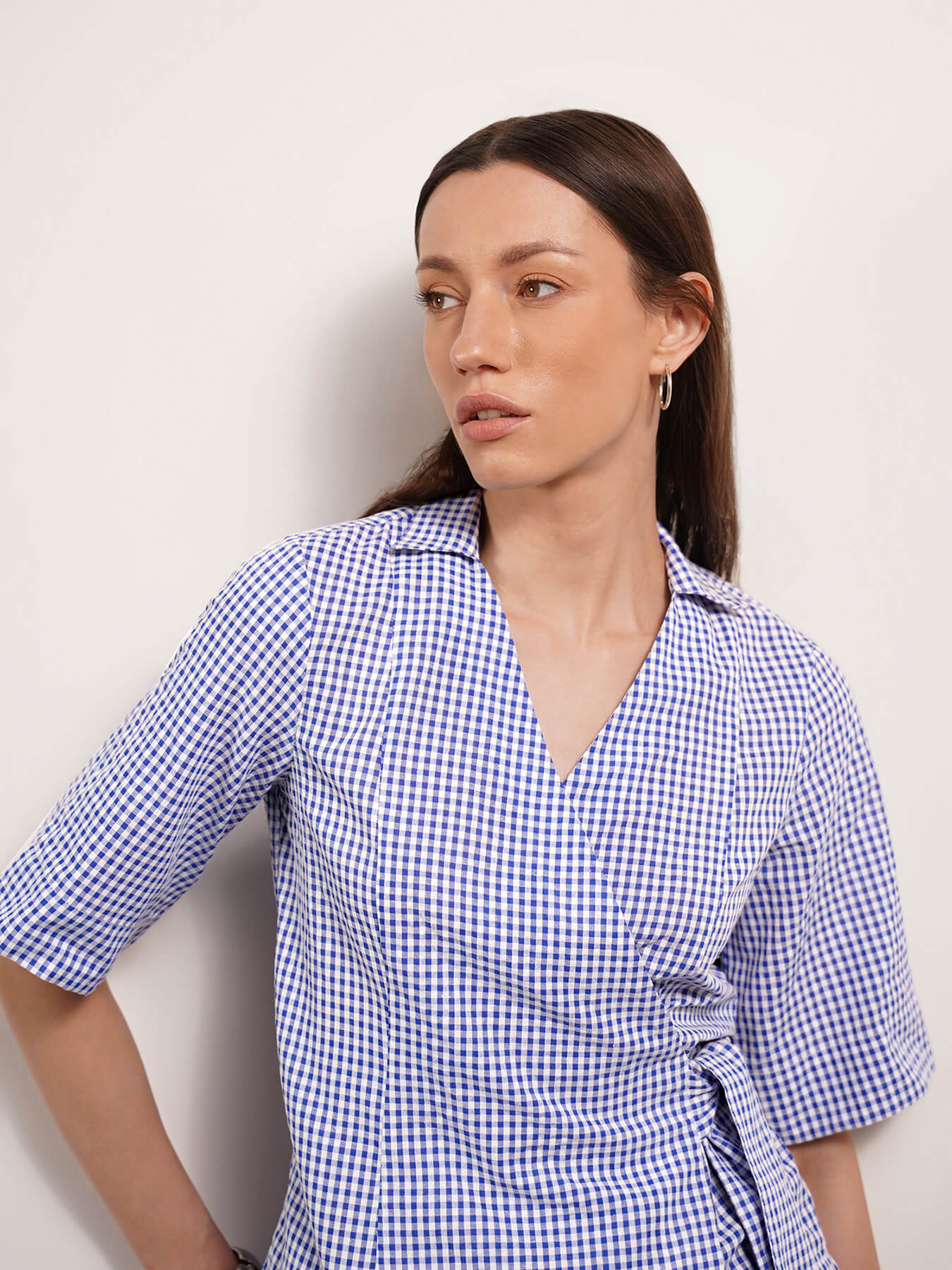Cotton Checkered Wrap Top - Blue