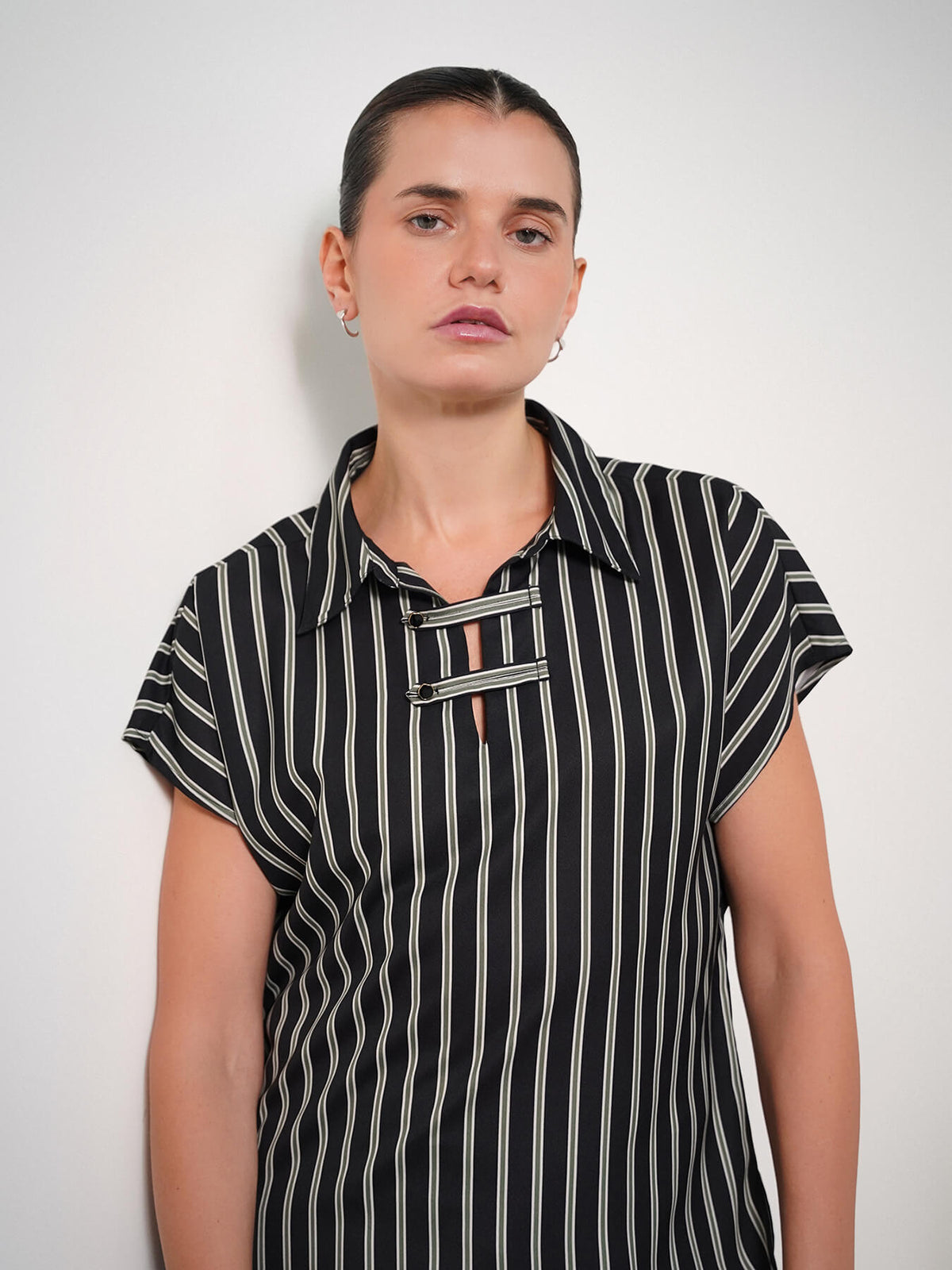 V-Neck Striped Top - Black