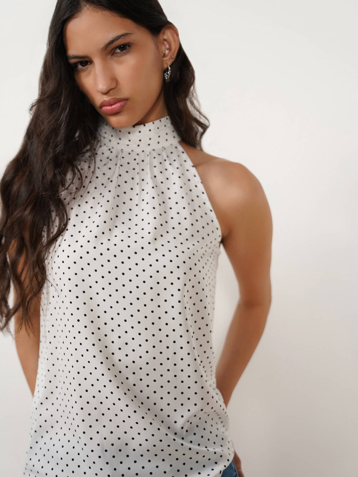 Halter Neck Polka Top - White