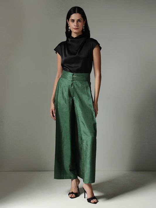 Silk Wide-Leg Trousers - Green