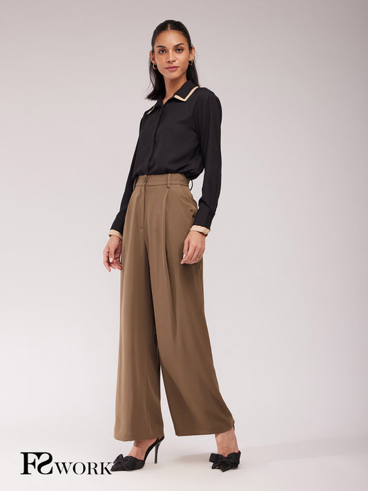 Single Pleat Wide Leg Trousers - Brown