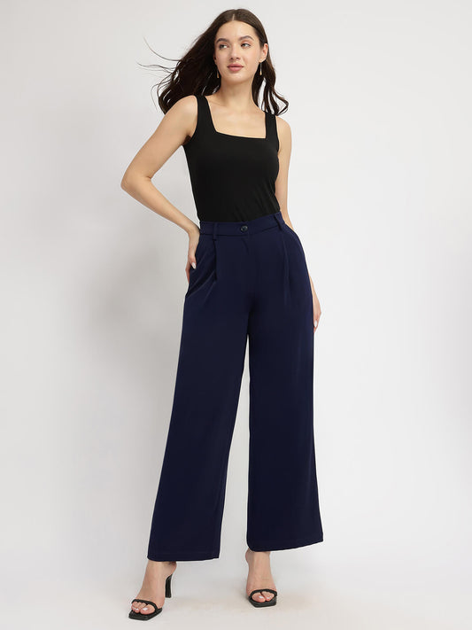 Single Pleat Wide Leg Trousers - Navy Blue