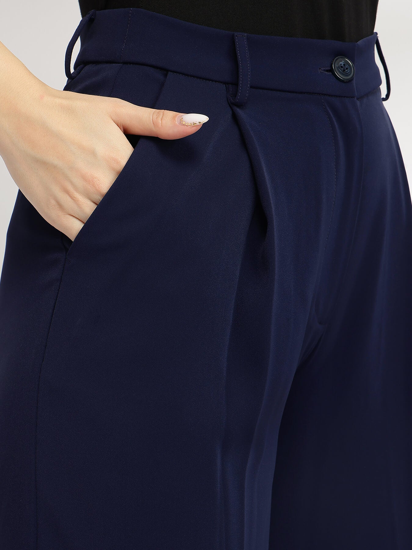 Single Pleat Wide Leg Trousers - Navy Blue