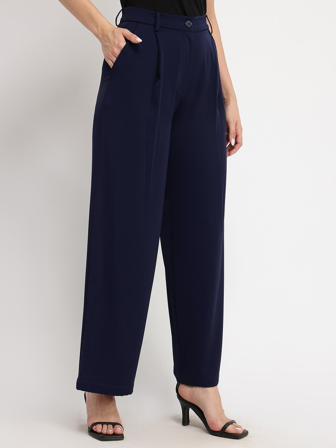 Single Pleat Wide Leg Trousers - Navy Blue