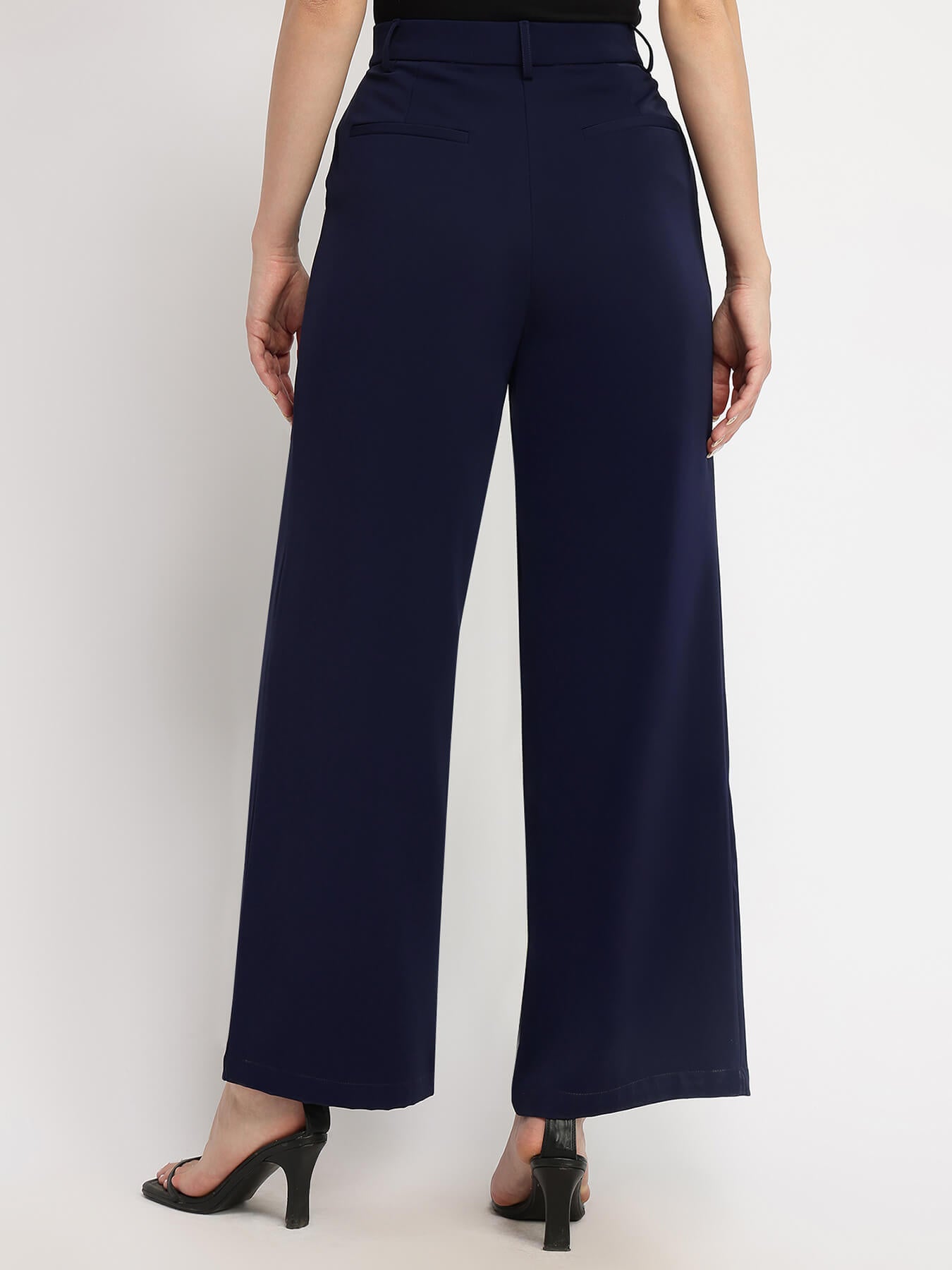 Single Pleat Wide Leg Trousers - Navy Blue
