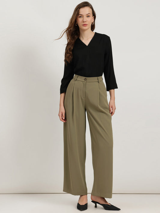 Single Pleat Wide Leg Trousers - Olive