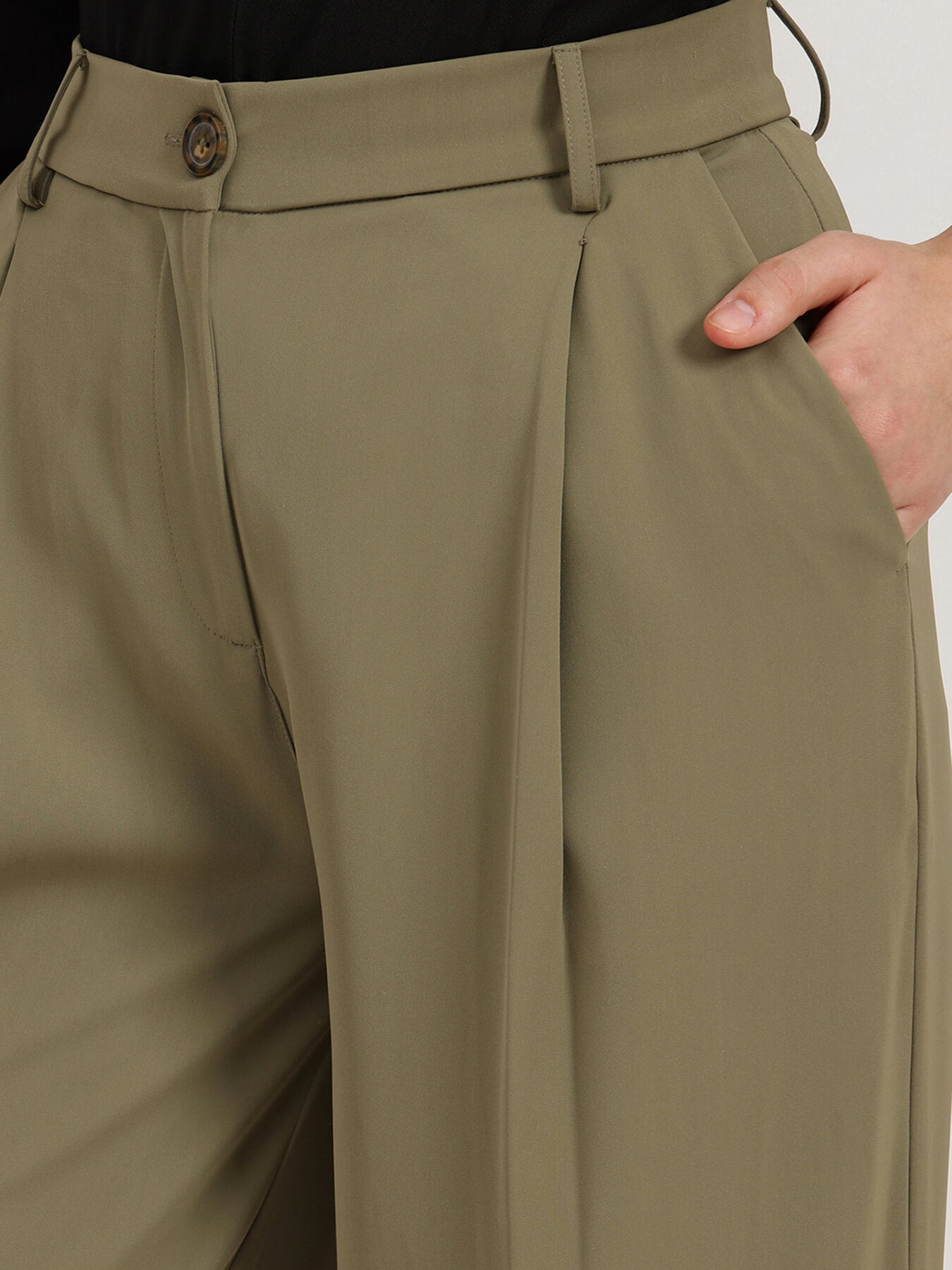 Single Pleat Wide Leg Trousers - Olive