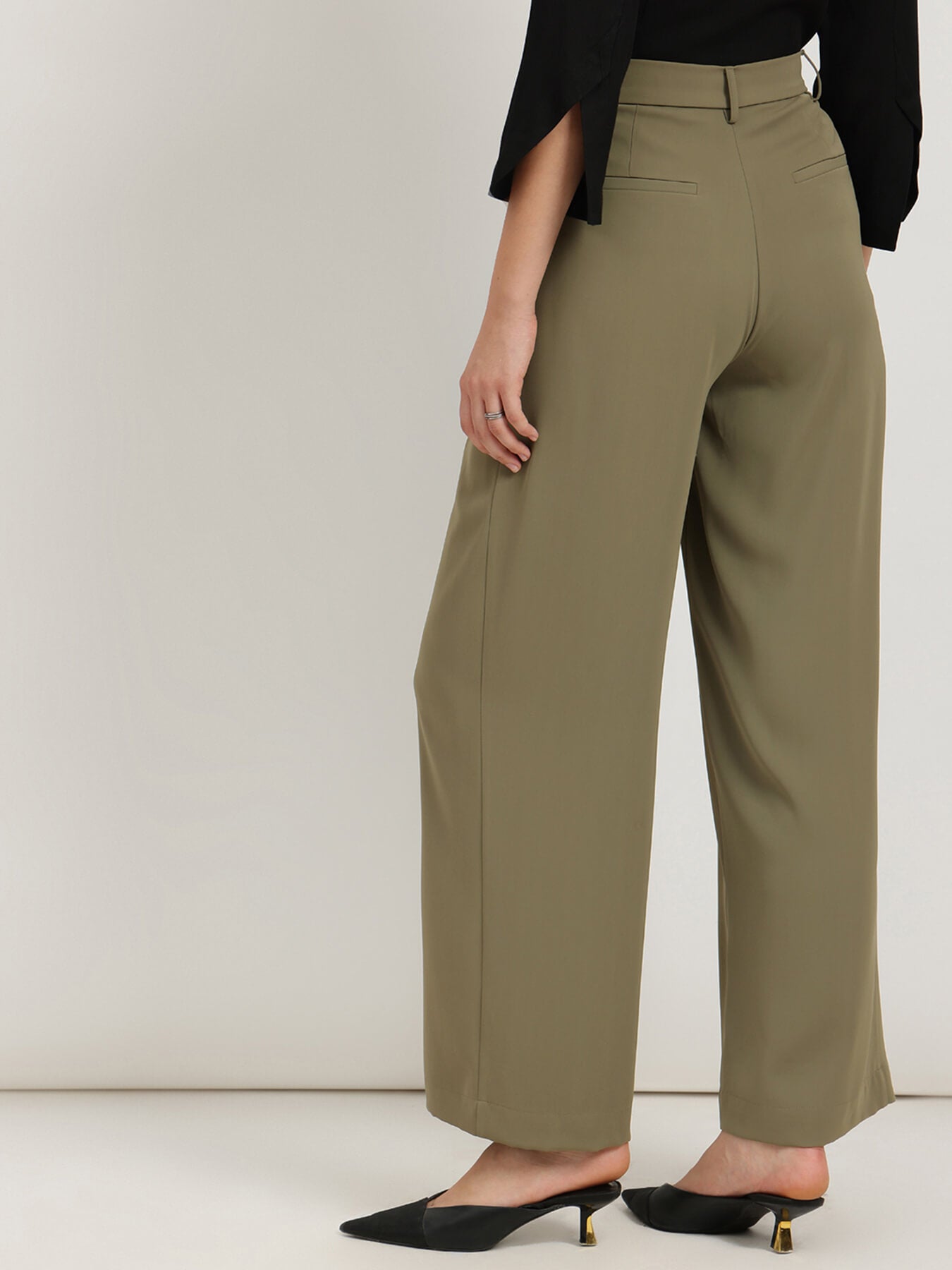 Single Pleat Wide Leg Trousers - Olive