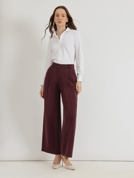 Single Pleat Wide Leg Trousers - Wine