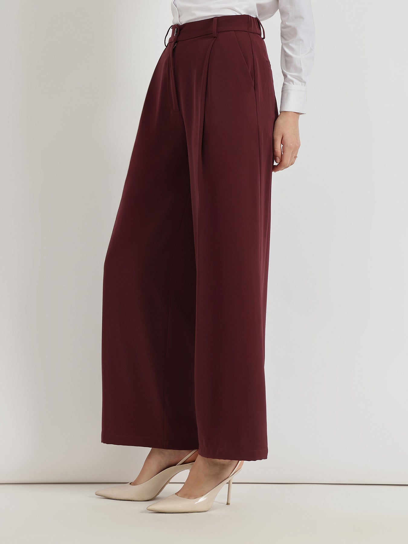 Single Pleat Wide Leg Trousers - Wine