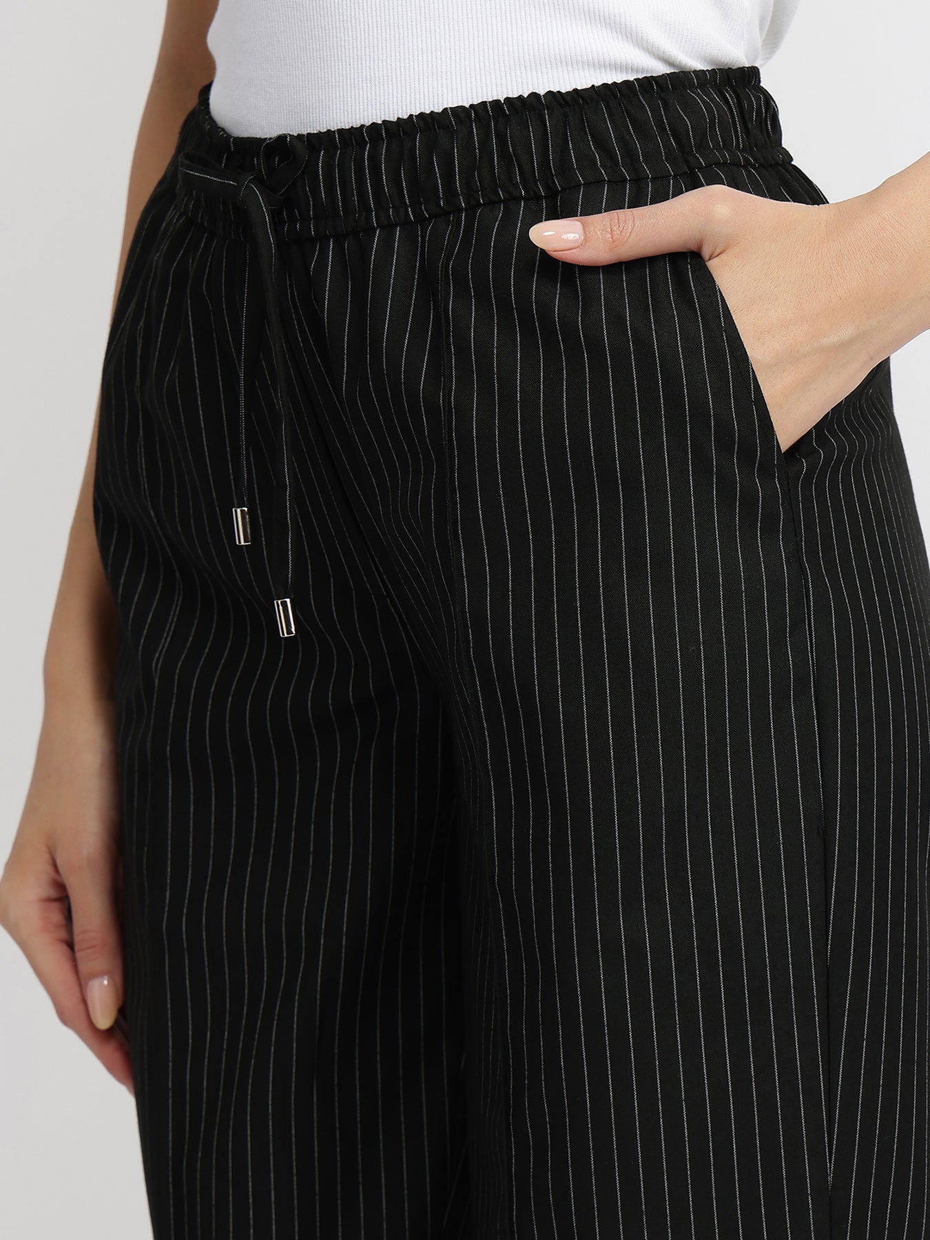 Striped Pull-On Trousers - Black