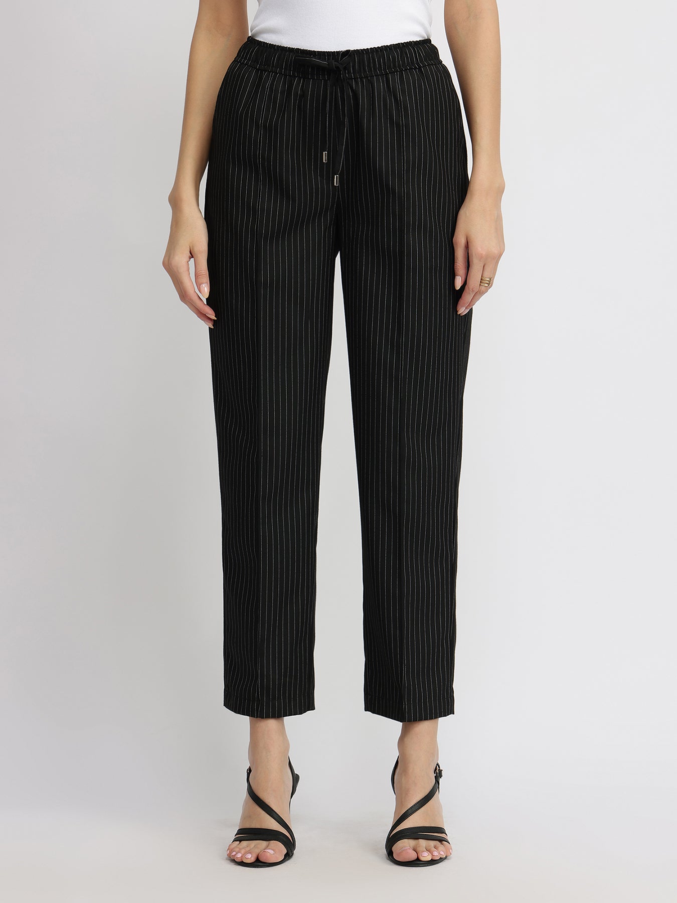 Striped Pull-On Trousers - Black
