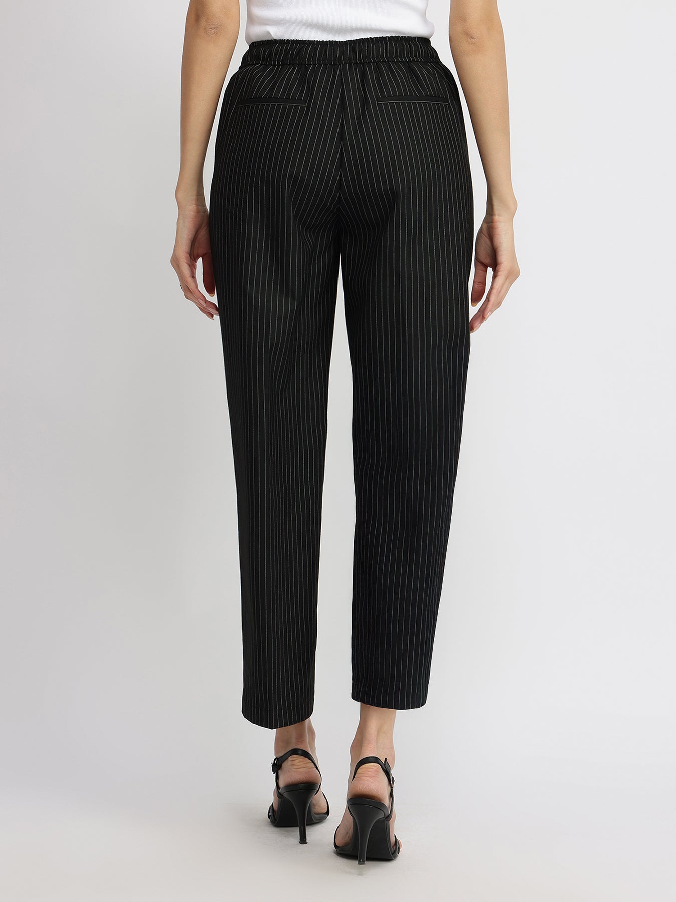 Striped Pull-On Trousers - Black