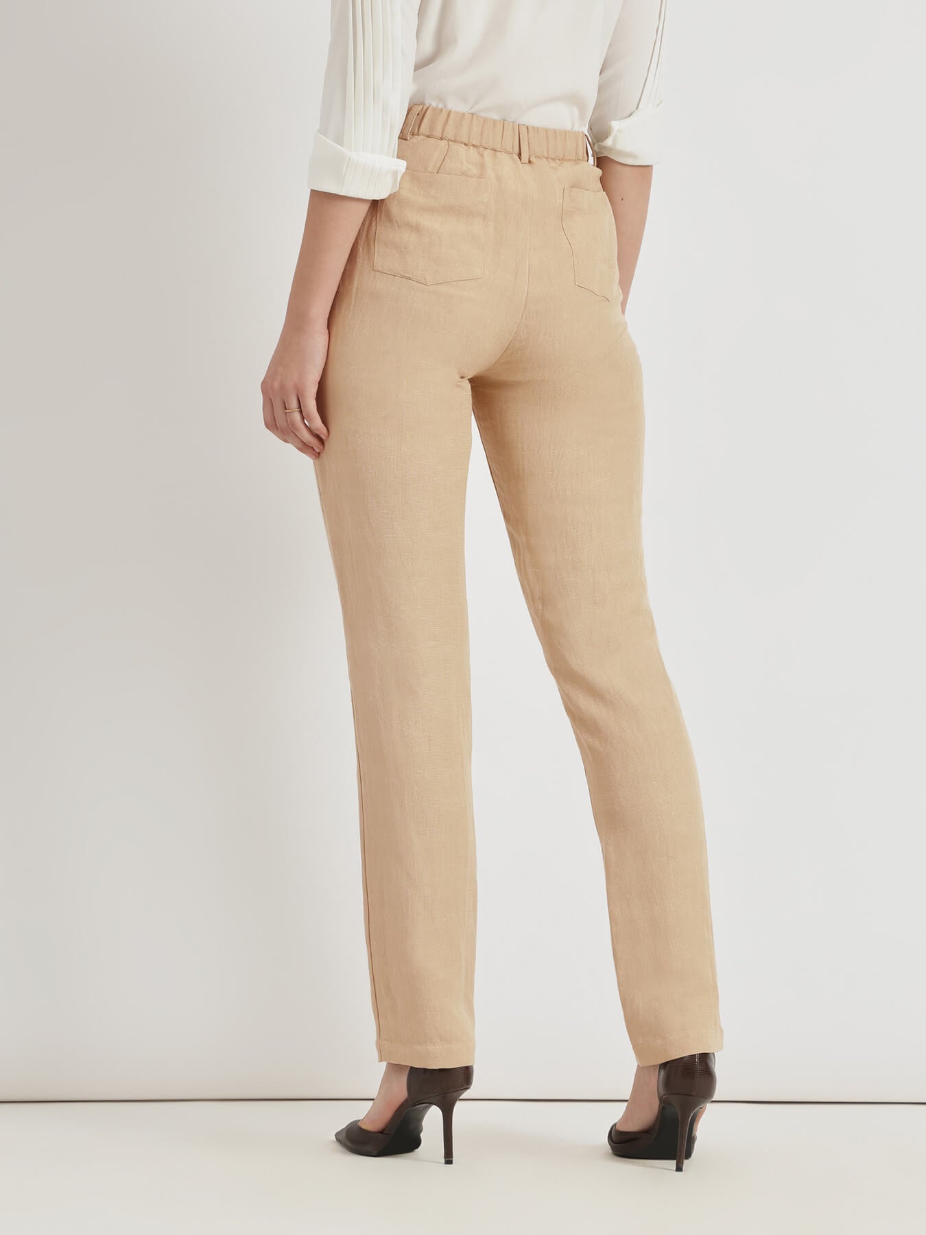 Linen Mid Rise Tapered Trousers - Beige