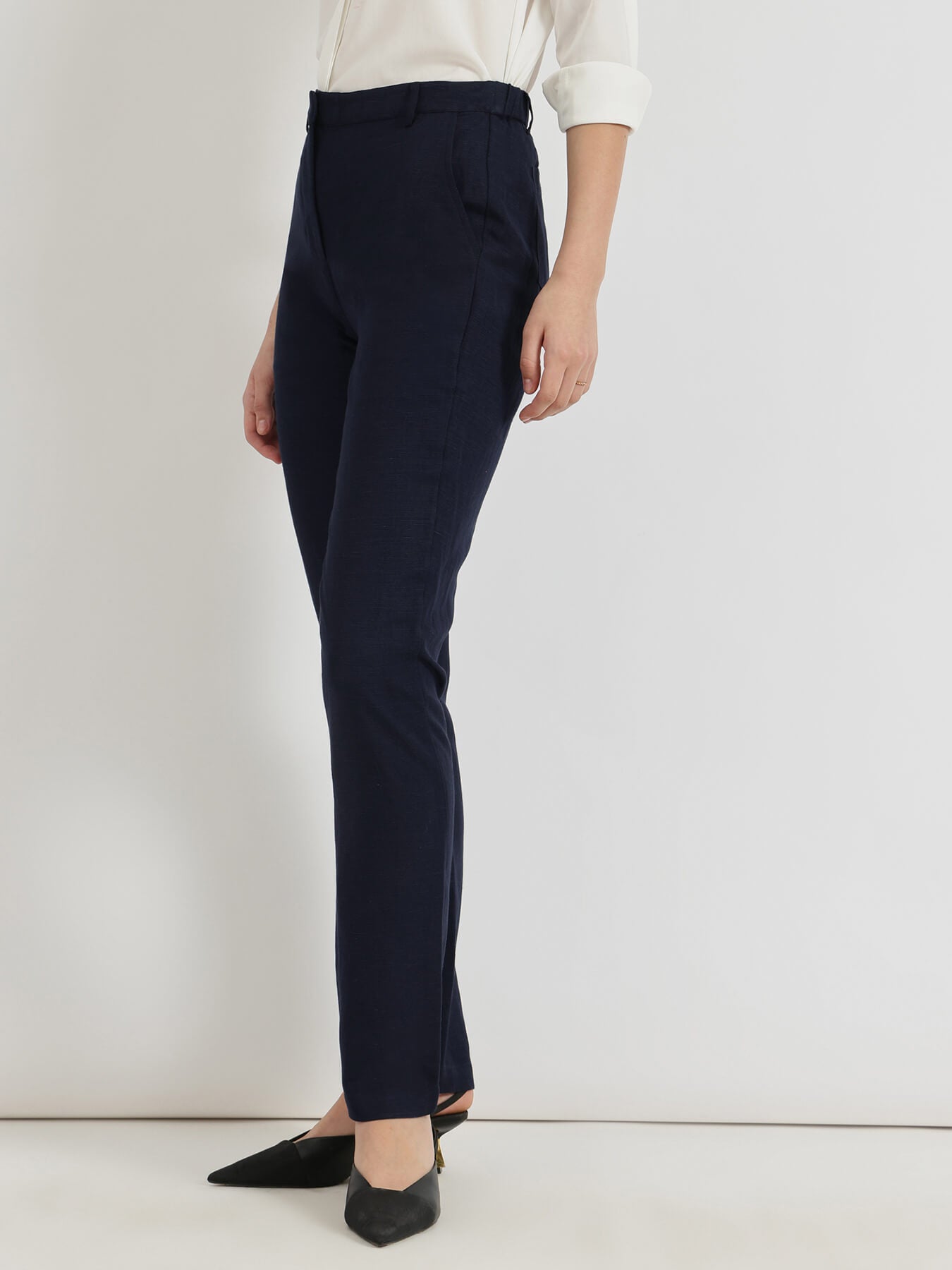 Linen Mid Rise Tapered Trousers - Navy Blue
