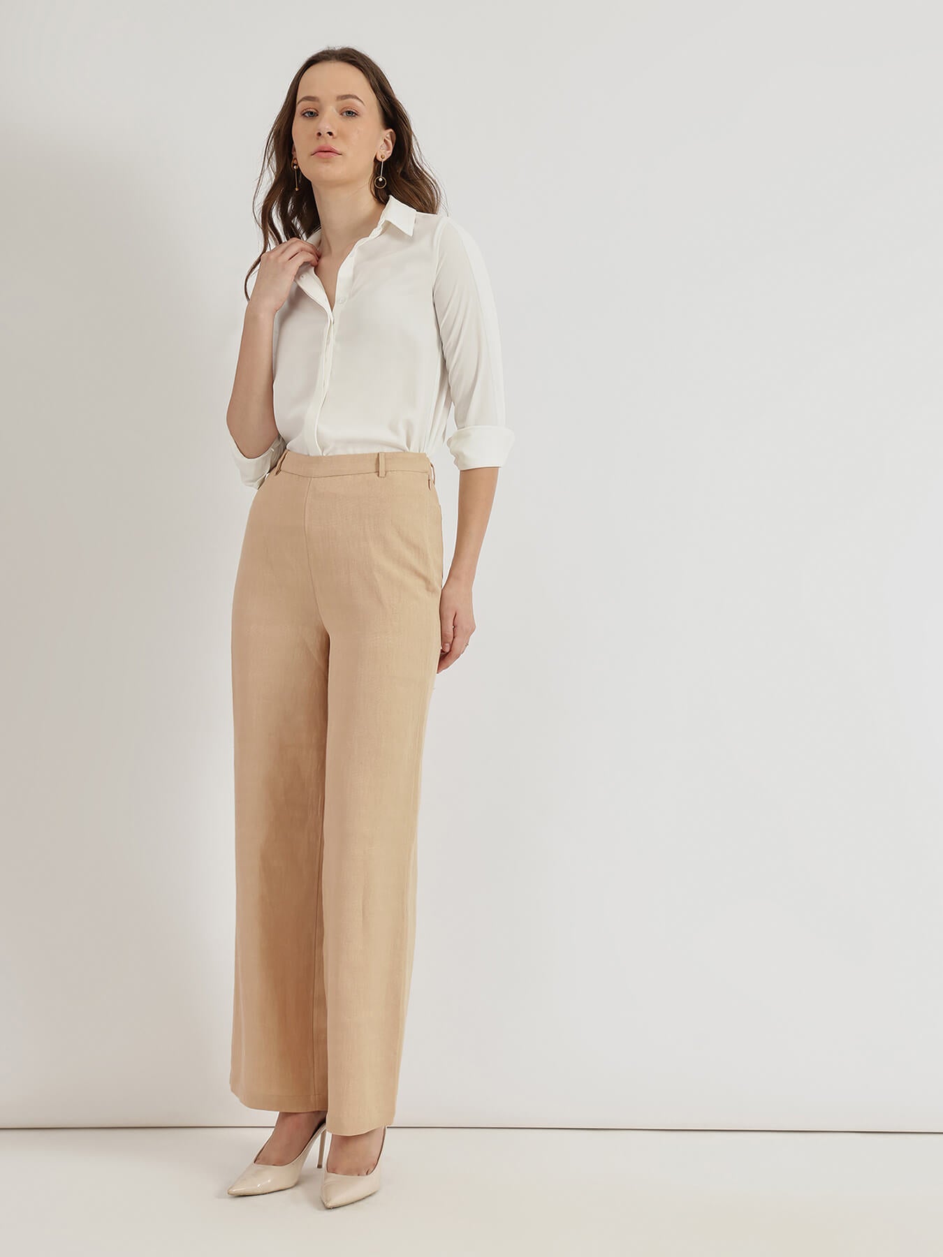 Linen Mid Rise Wide Leg Trousers - Beige