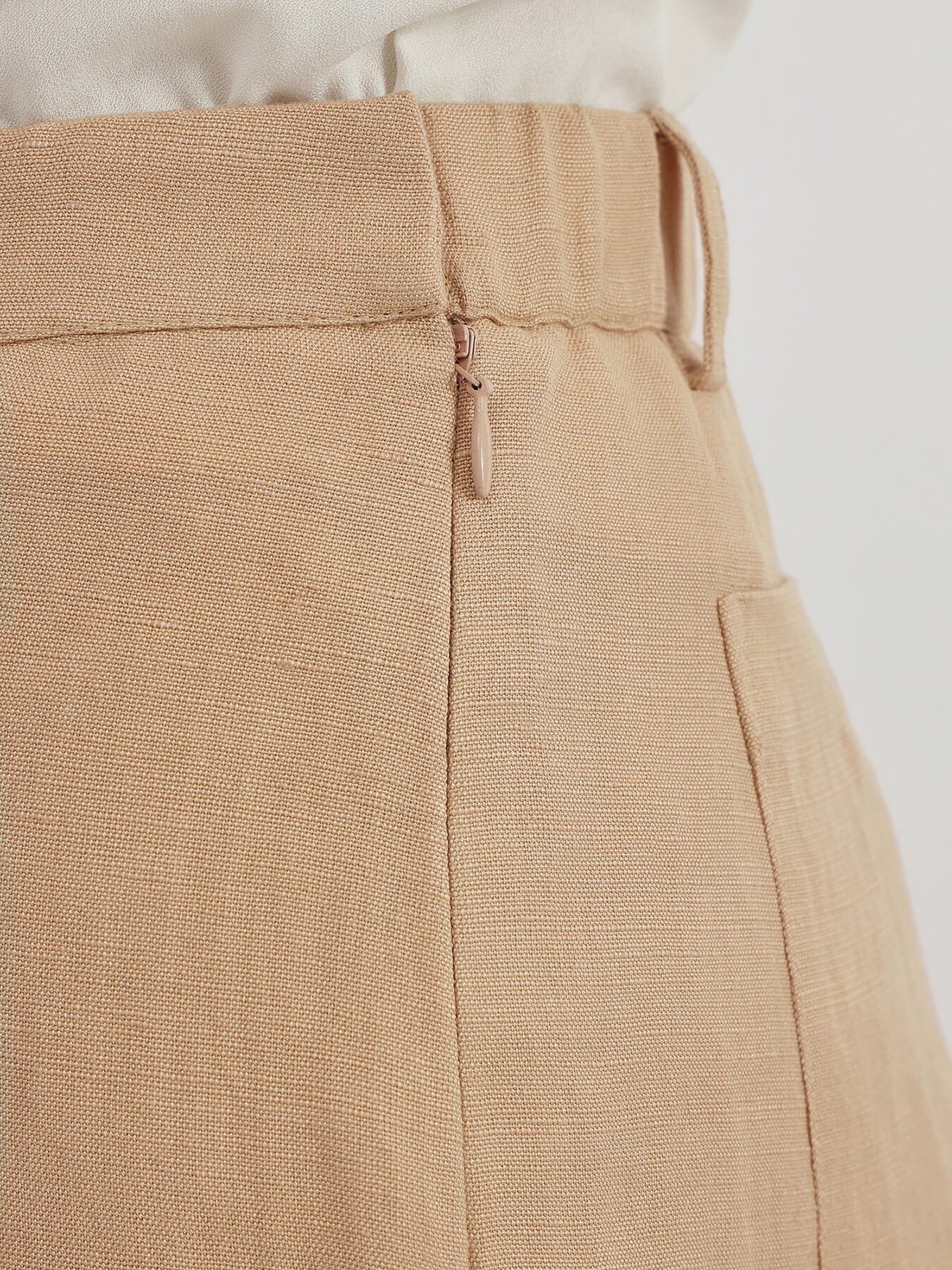Linen Mid Rise Wide Leg Trousers - Beige