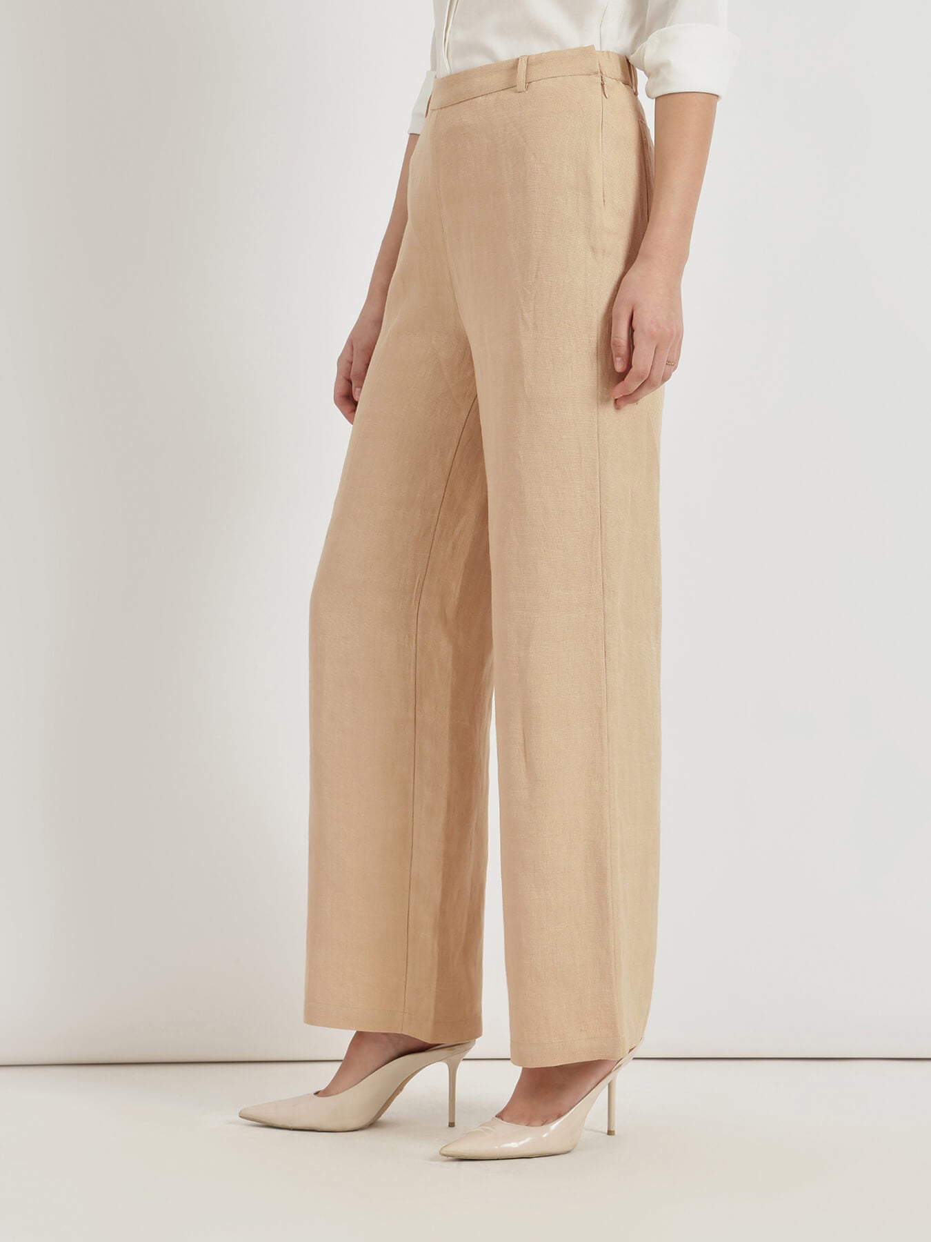 Linen Mid Rise Wide Leg Trousers - Beige