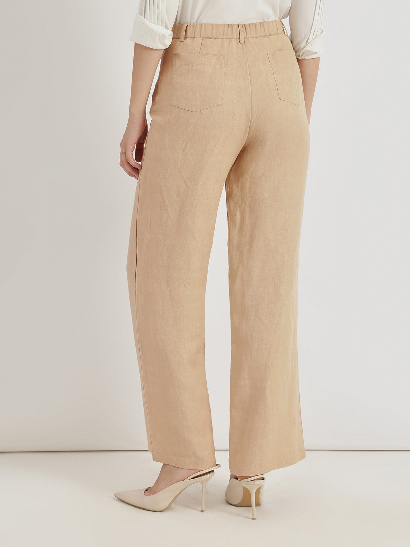 Linen Mid Rise Wide Leg Trousers - Beige