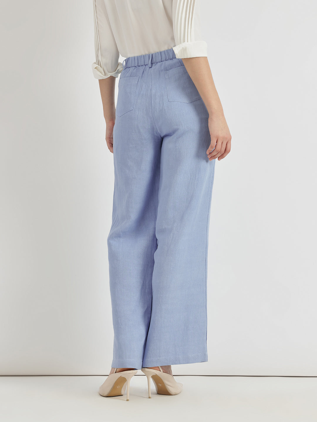 Linen Mid Rise Wide Leg Trousers - Sky Blue