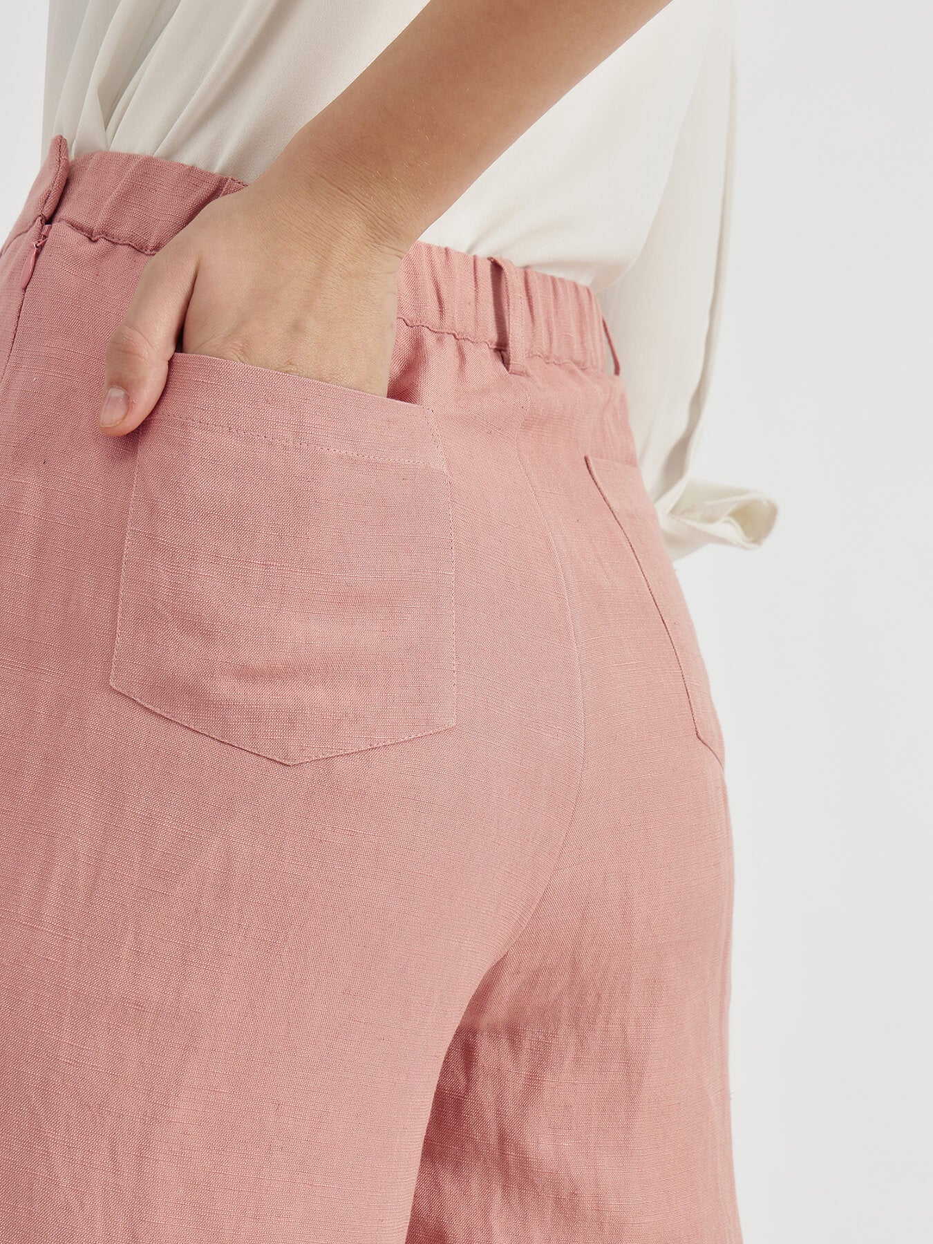 Linen Mid Rise Wide Leg Trousers - Pink